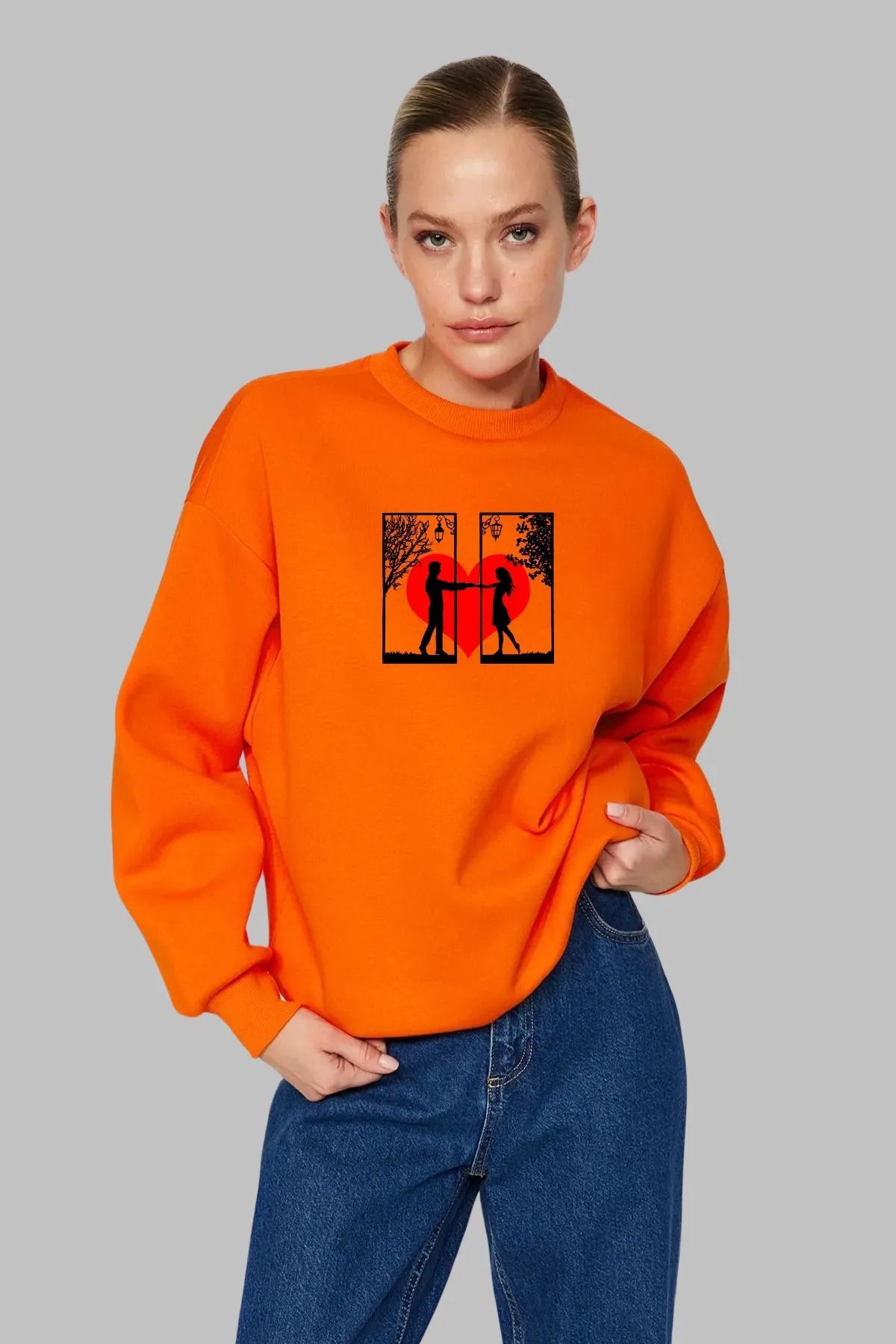 Wish BF Unisex Regular Kesim Uzun Kollu Elele Çift Baskılı Bisiklet Yaka Kapüşonsuz Şardonlu Sweatshirt