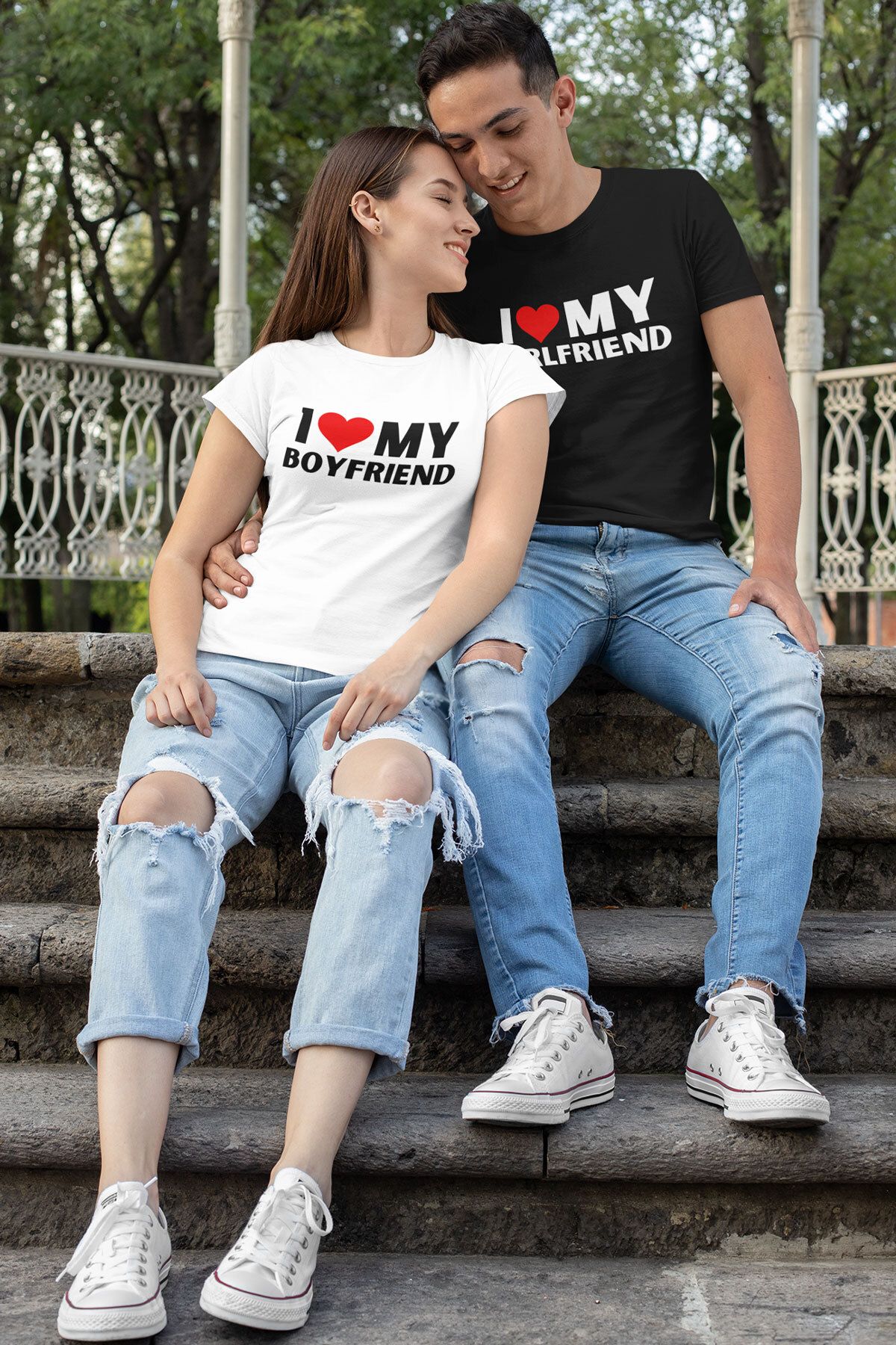 qoeuyl boutique I Love Girlfriend Boyfriend Baskılı Sevgili Çift Kombin İkili Sevgililer Günü Hediye T-Shirt