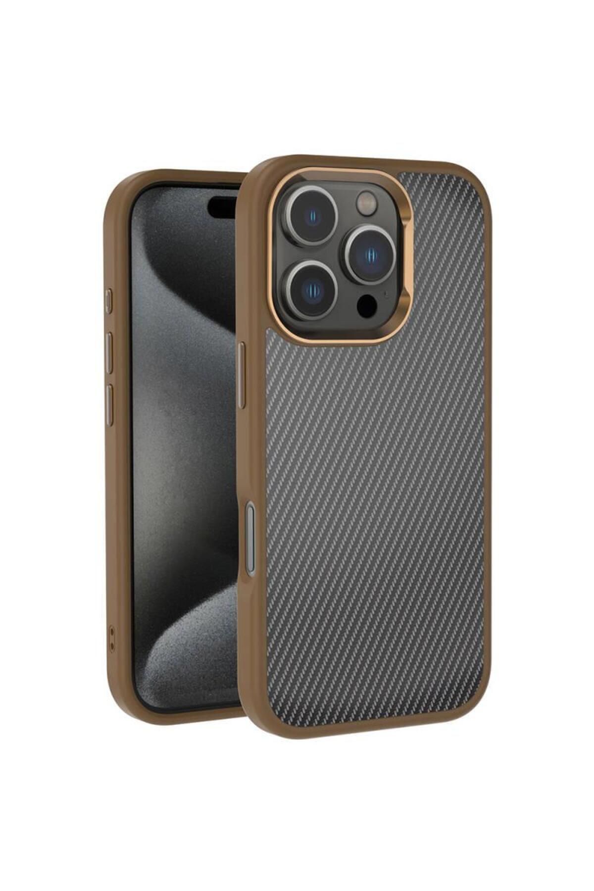 Artoncase iPhone 16 Pro Kılıf Karbon Fiber Görünümlü Parlak Kamera Çerçeveli Kapak