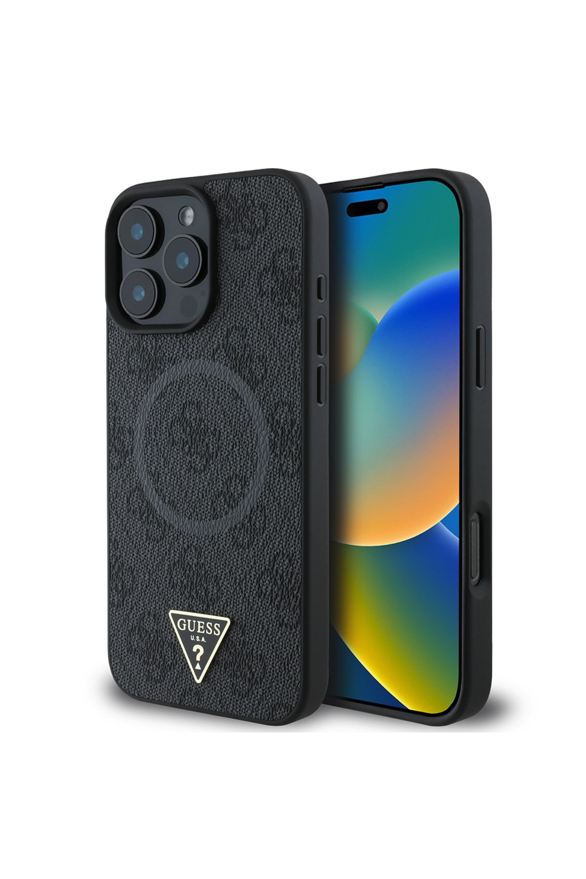 iPhone 16 Pro Max Guess Lisanslı Magsafe Uyumlu PU Üçgen Logo 4G Desenli Kılıf - Siyah