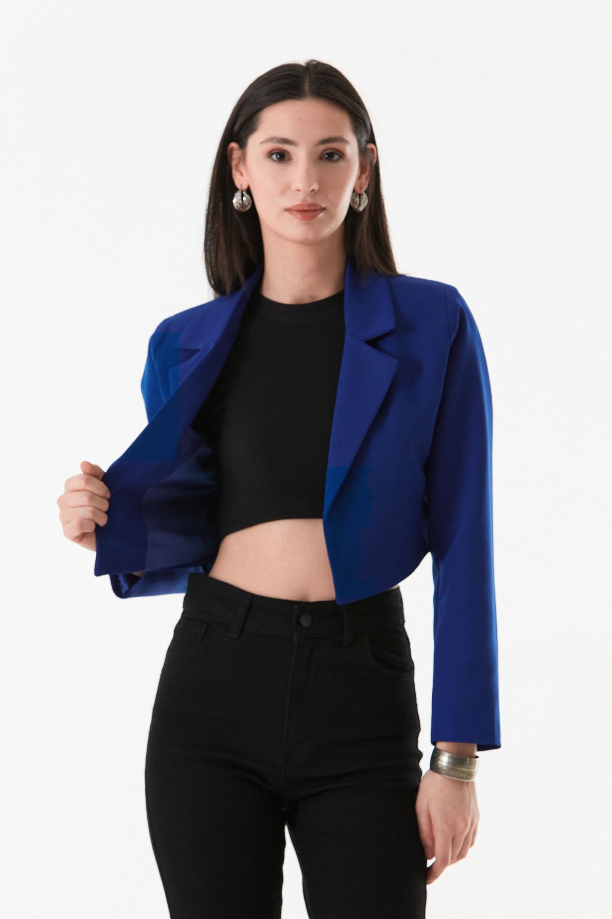Fulla Moda-Basic Double Breasted Collar Padded Crop Jacket 4