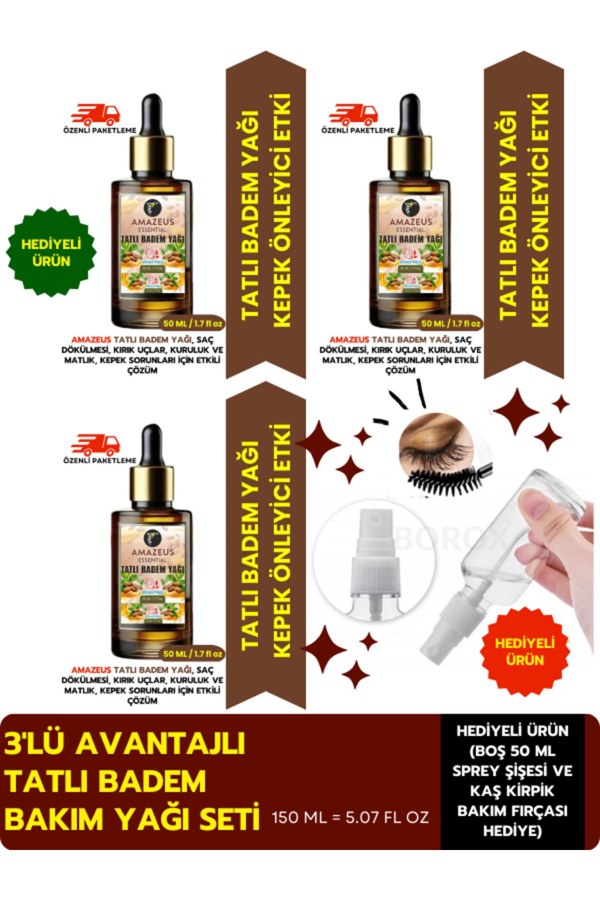 Amazeus TATLI BADEM YAĞI 3'LÜ (%100 SAF VE DOĞAL-SOĞUK PRES) BESLEYİCİ ETKİ 3x50 ml / 5.07 Fl Oz