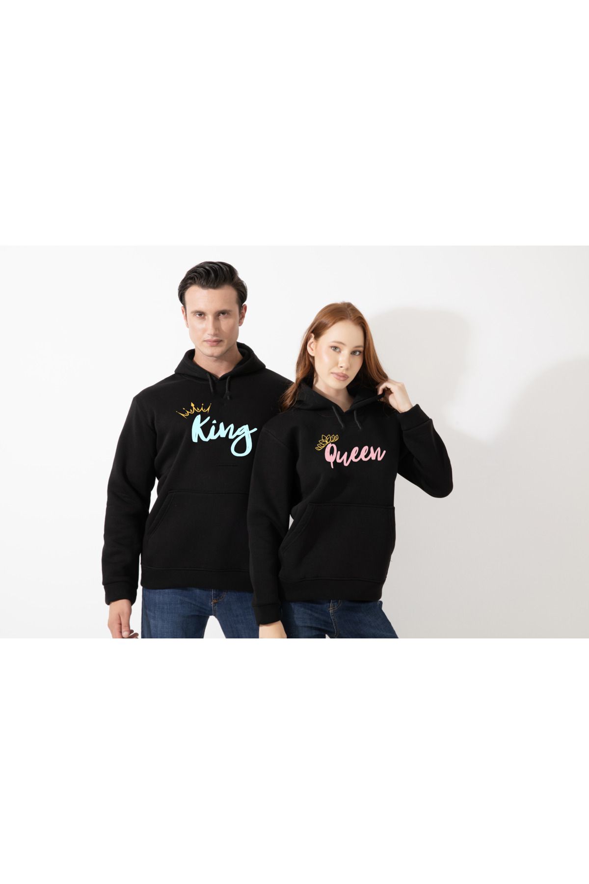 FFM İSTANBUL FFMİSTANBUL QUEEN & KING YAZILI ÇİFT KOMBİNİ KAPŞONLU 3 İPLİK SİYAH SWEATSHIRT