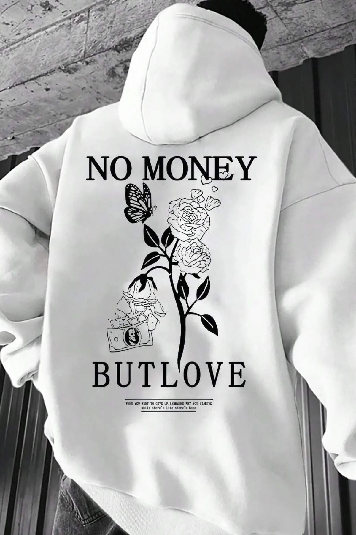 Wish BF No Money but Love ön arka baskılı beyaz oversize kapşonlu sweatshirt hoodie