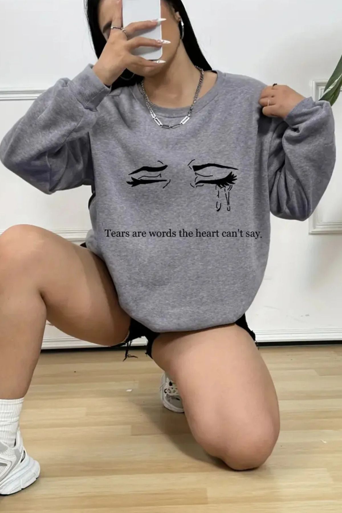 Wish BF Kadınlar İçin Gri sweatshirt Bisiklit Yaka Baskılı