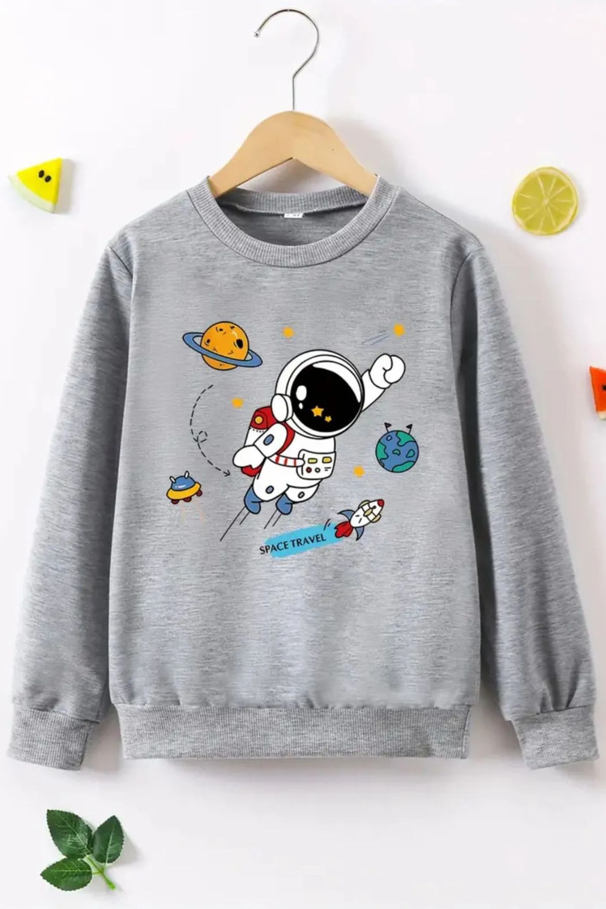 FECCY Pamuklu Roketteki Astronot Baskılı Kapüşonlu Sweatshirt Hoodie