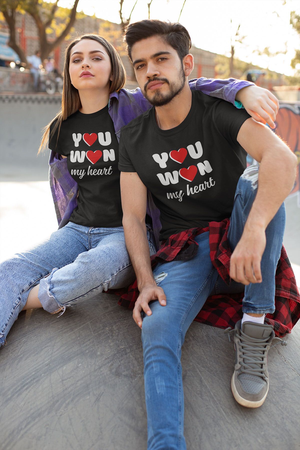 qoeuyl boutique You Won My Heart Baskılı Sevgili Çift Kombin İkili %100 Pamuk Sevgililer Günü Hediye T-Shirt