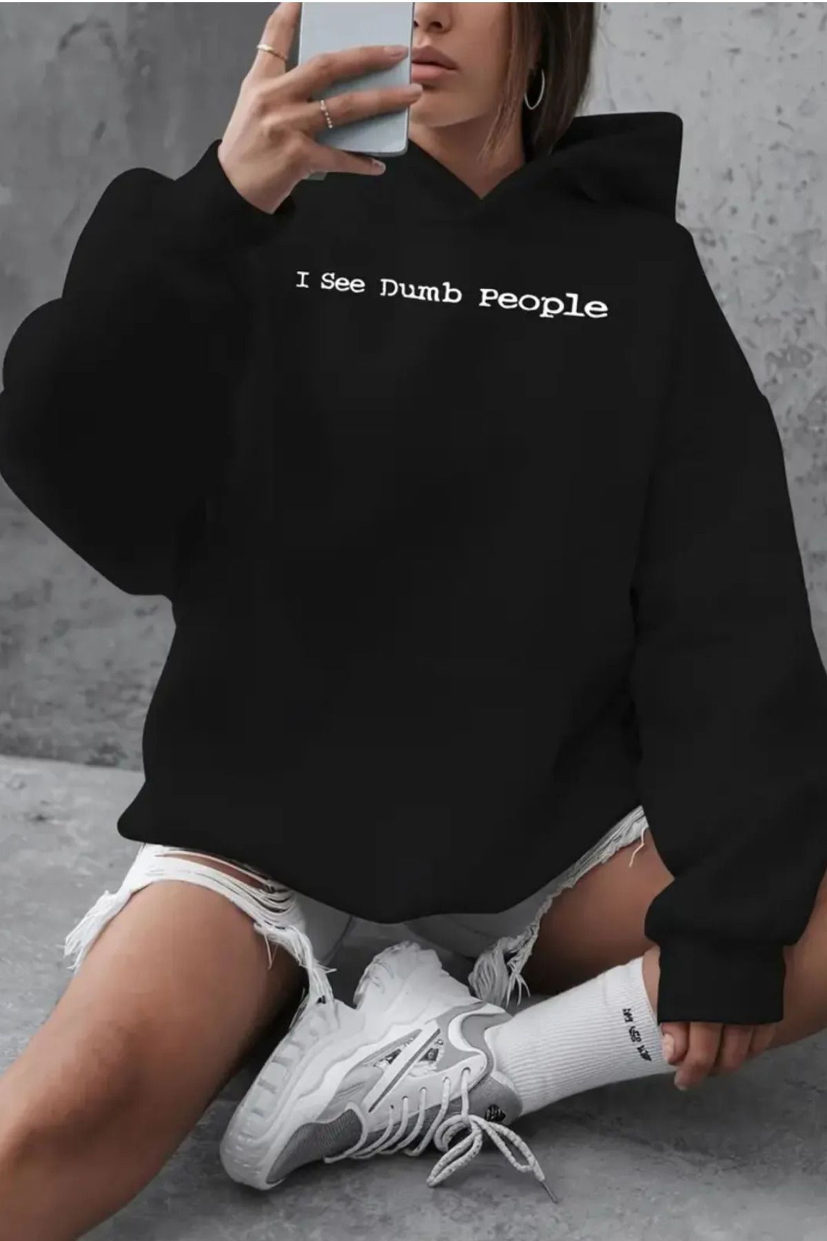 Wish BF Unisex Baskılı Kapüşönlü Siyah Sweatshirt