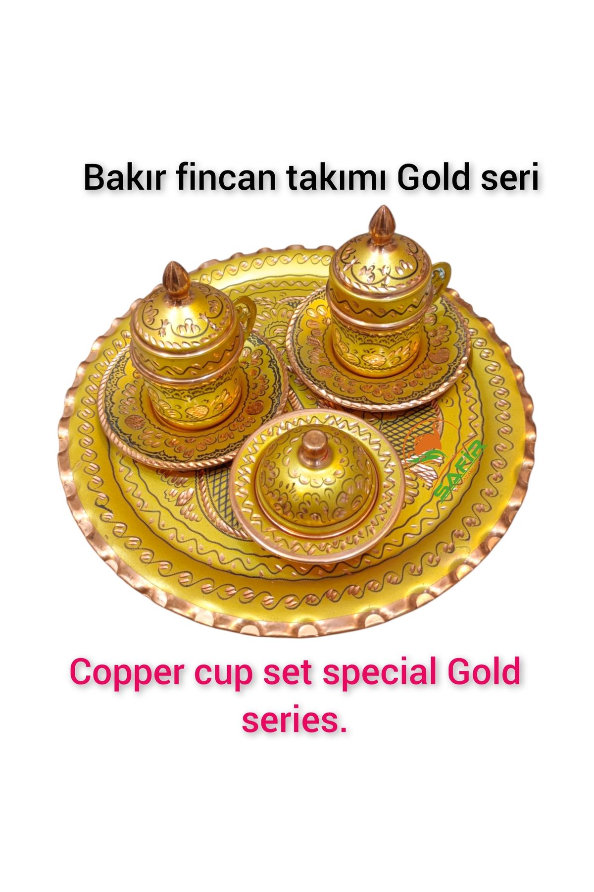 SAFİR ÇAY KAZANLARI Gold Bakır Kahve Fincan Takımı Bakır Kahvelik 2 kişilik bakır kahve fincan takımı Gold Hicivli model