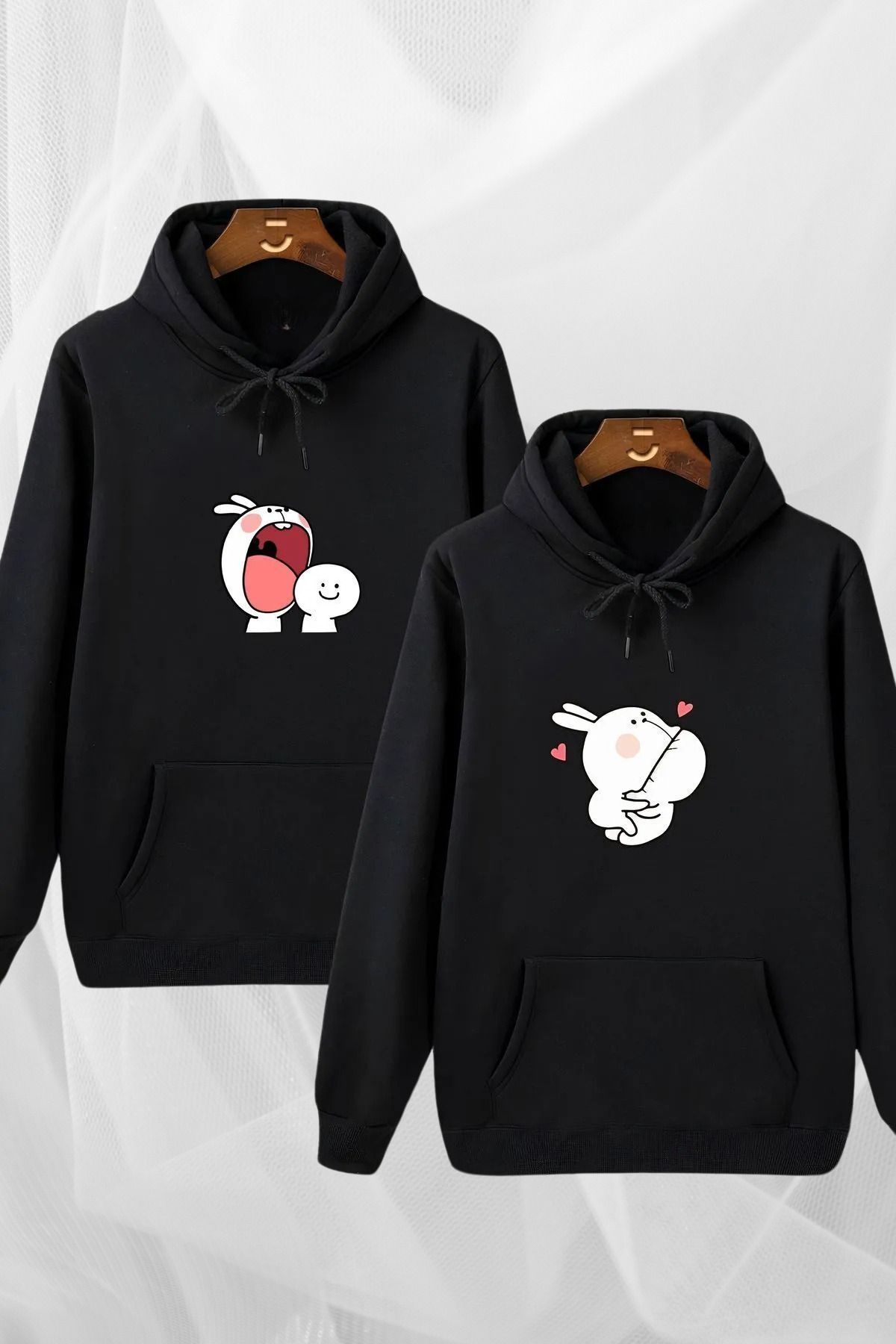 Wish BF Tavşan Tasarım Sevgili Çift Kombini Kapüşonlu Sweatshirt 2'li Set