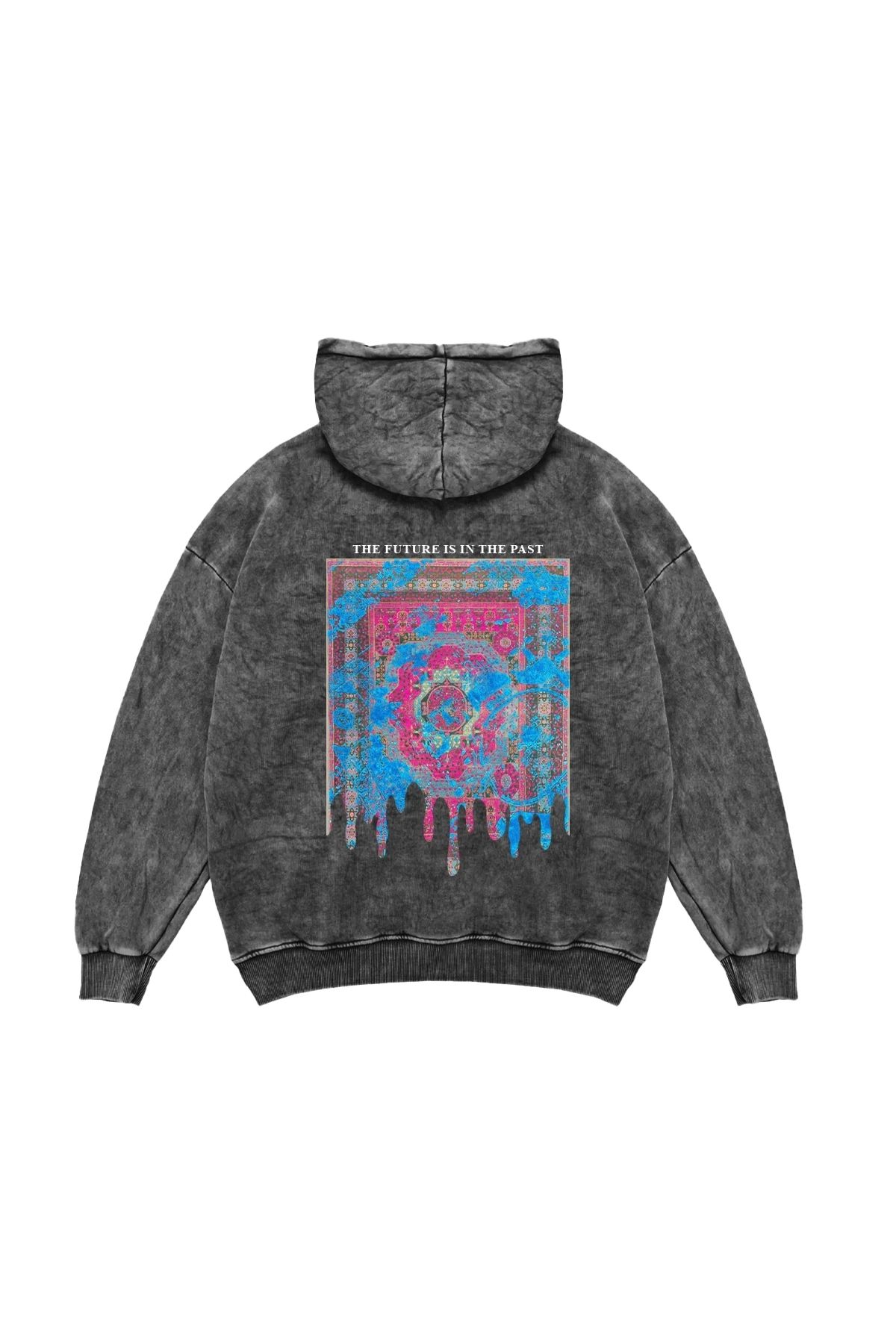 Sekizbiraltı Liquid Rug Baskılı Oversize Unisex Yıkamalı Siyah Hoodie