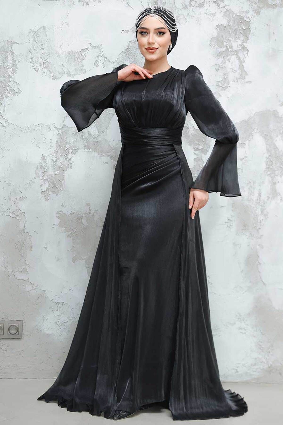 Neva Style-Black Hijab Evening Dress with Tail 4986S 4