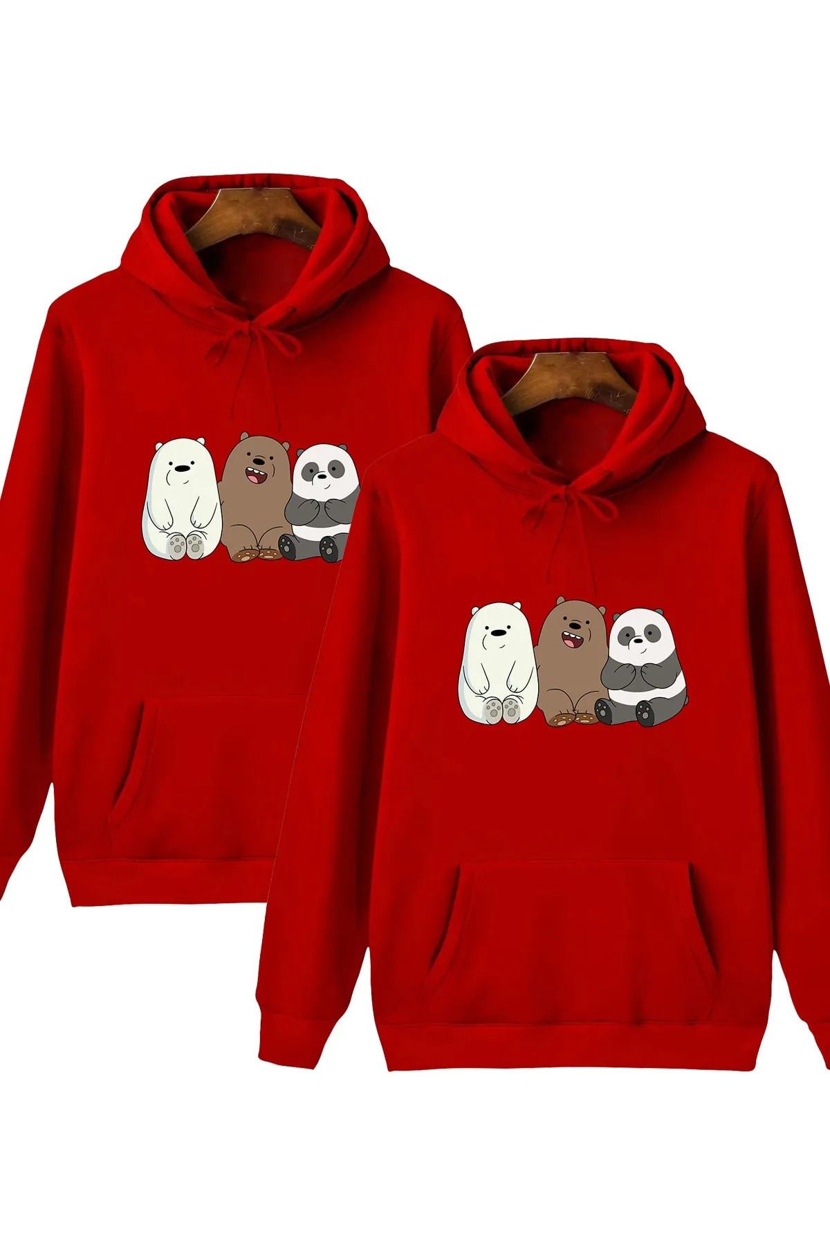 Wish BF Unisex Kafadar Ayılar Baskılı Kapüşonlu Sweatshirt 2'li Set Sevgili Arkadaş Çift Kombini