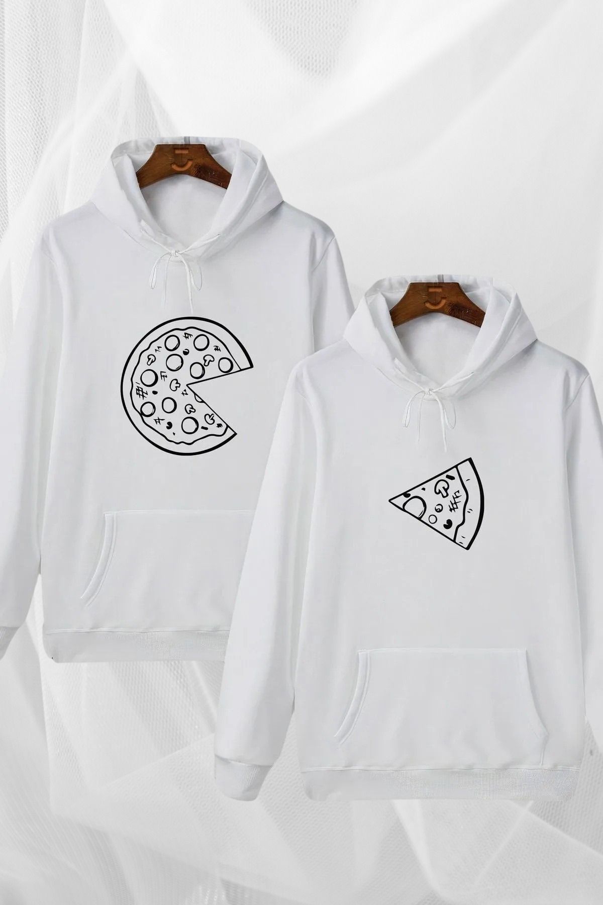 FECCY Pamuklu Sevgili Çift Kombinleri Pizza Slice 2 Ürün Beyaz Kapüşonlu Hoodie Sweatshirt