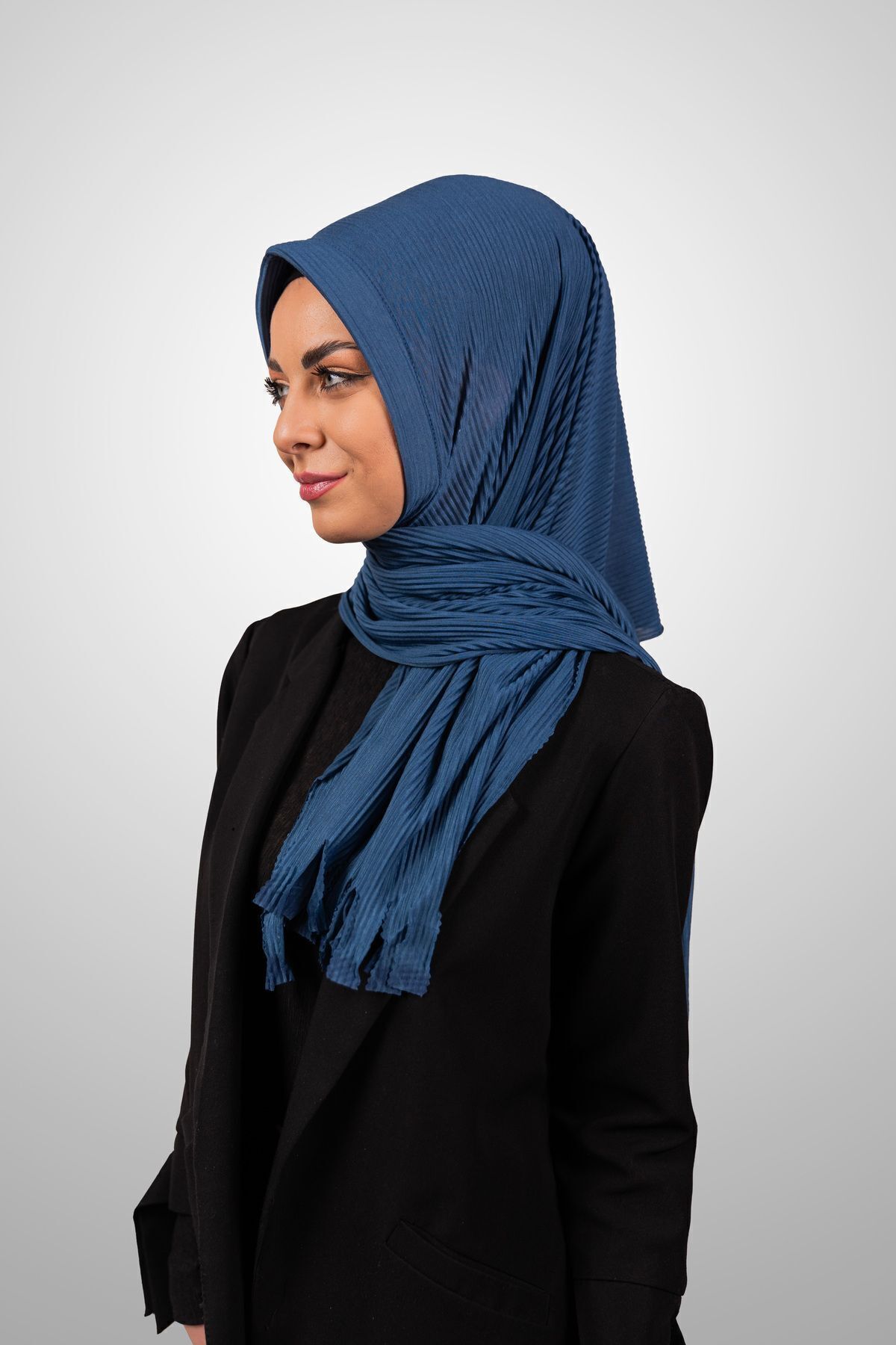 Şalcenneti.com-Organic Denim Color Sponge Practical Pleated Shawl - Ready Plug-In Model 3