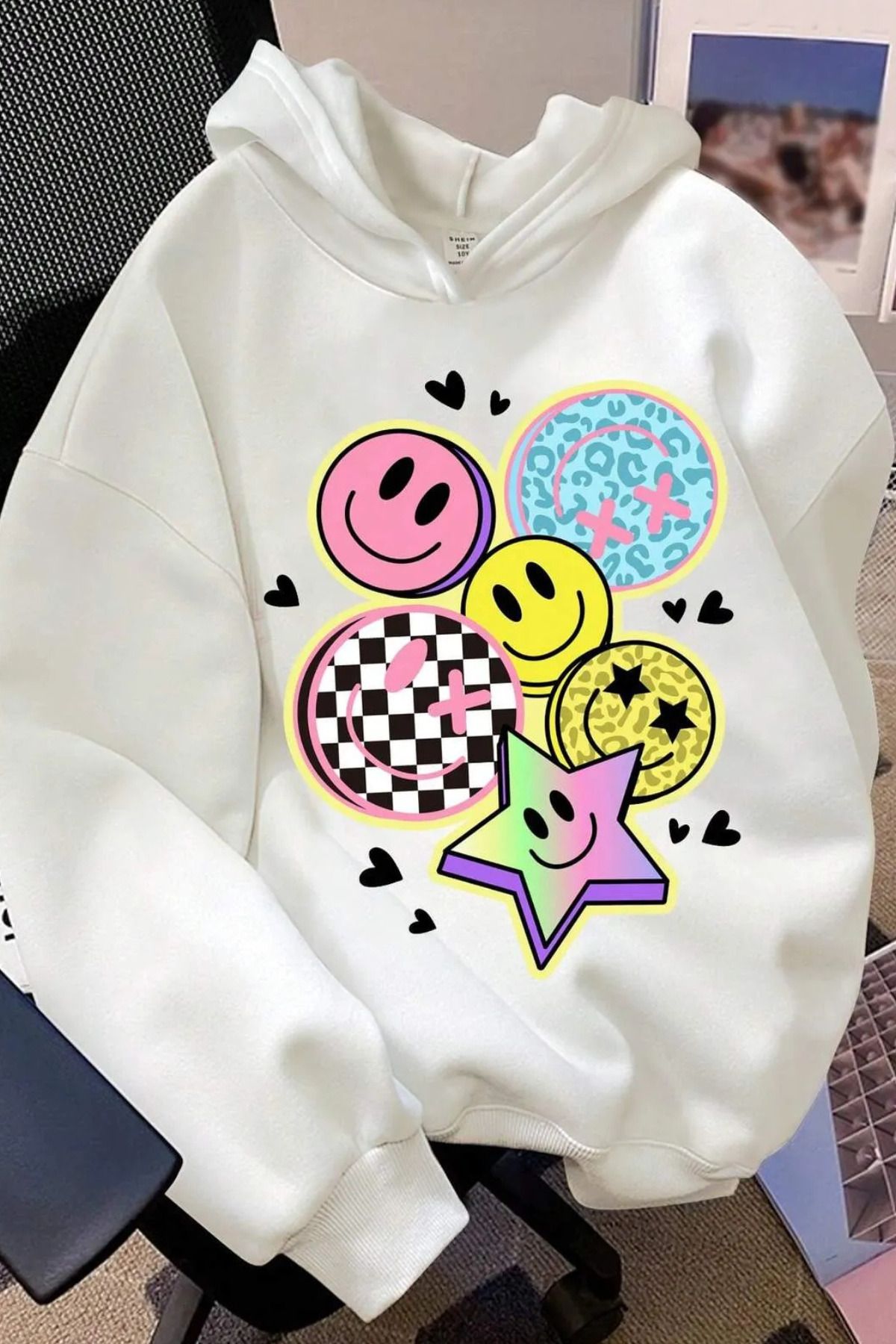 Wish BF _yıldızlar ve gülen yüzler ön baskılı  oversize kapşonlu sweatshirt hoodie