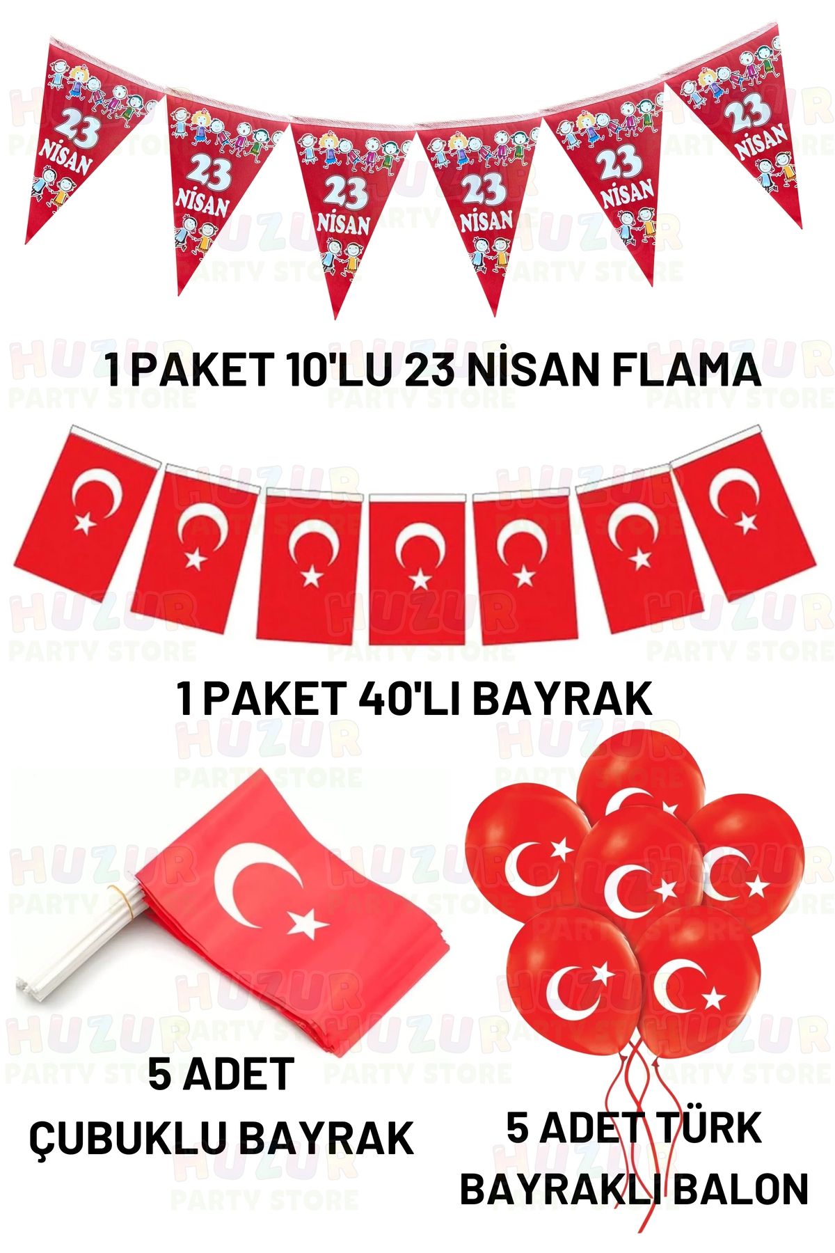 Huzur Party Store 12 Parça 23 Nisan Seti Milli Bayram Süsleme Flama Türk Bayraklı Balon Çubuklu ve İpe Dizili Bayrak