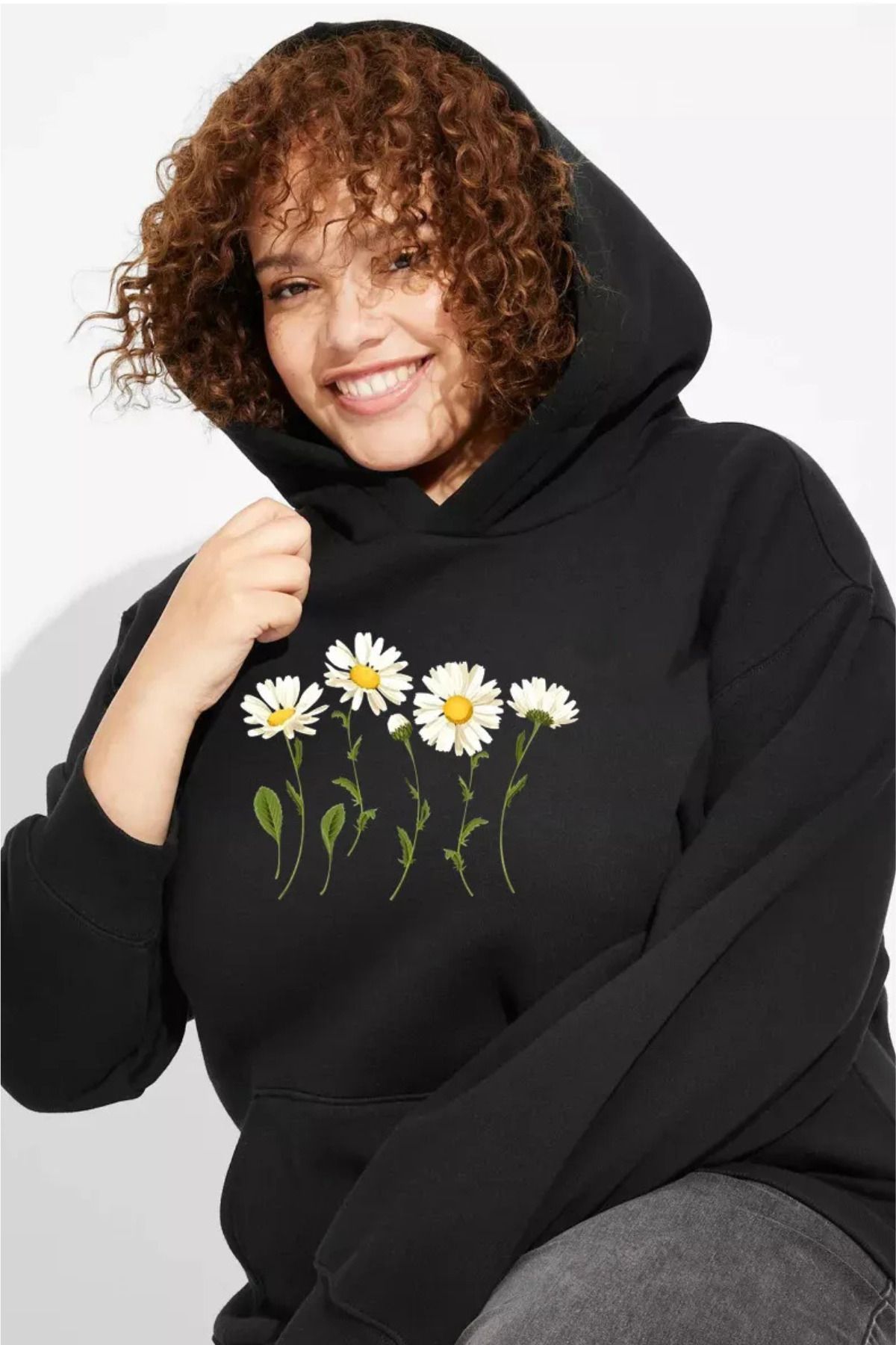 Wish BF çiçek Baskılı Oversize Kapüşonlu Siyah kadın Sweatshirt