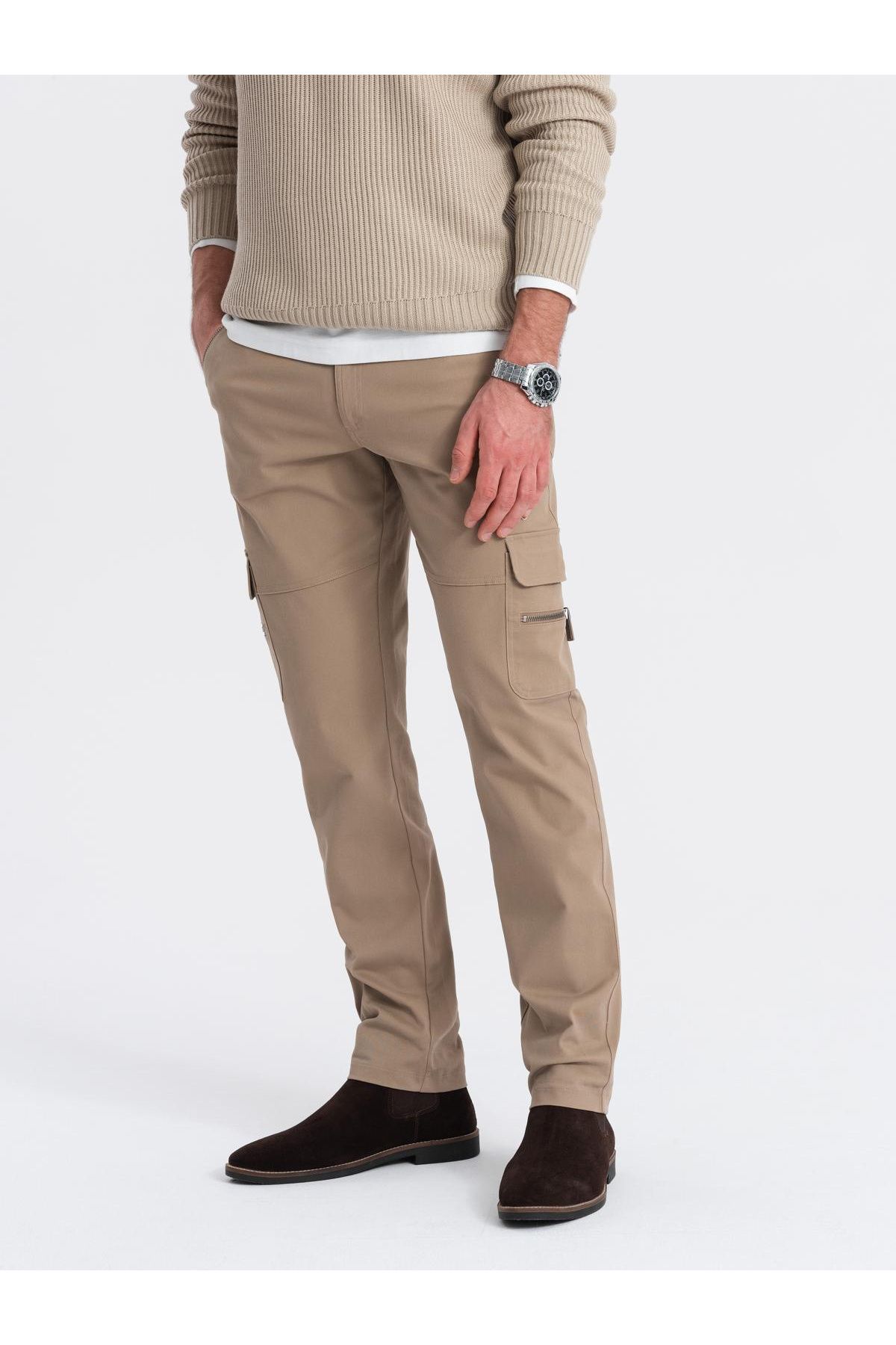 OMBRE-Pánské cargo kalhoty STRAIGHT LEG s kapsami na zip - khaki V3 OM-PACG-0204 XL 3