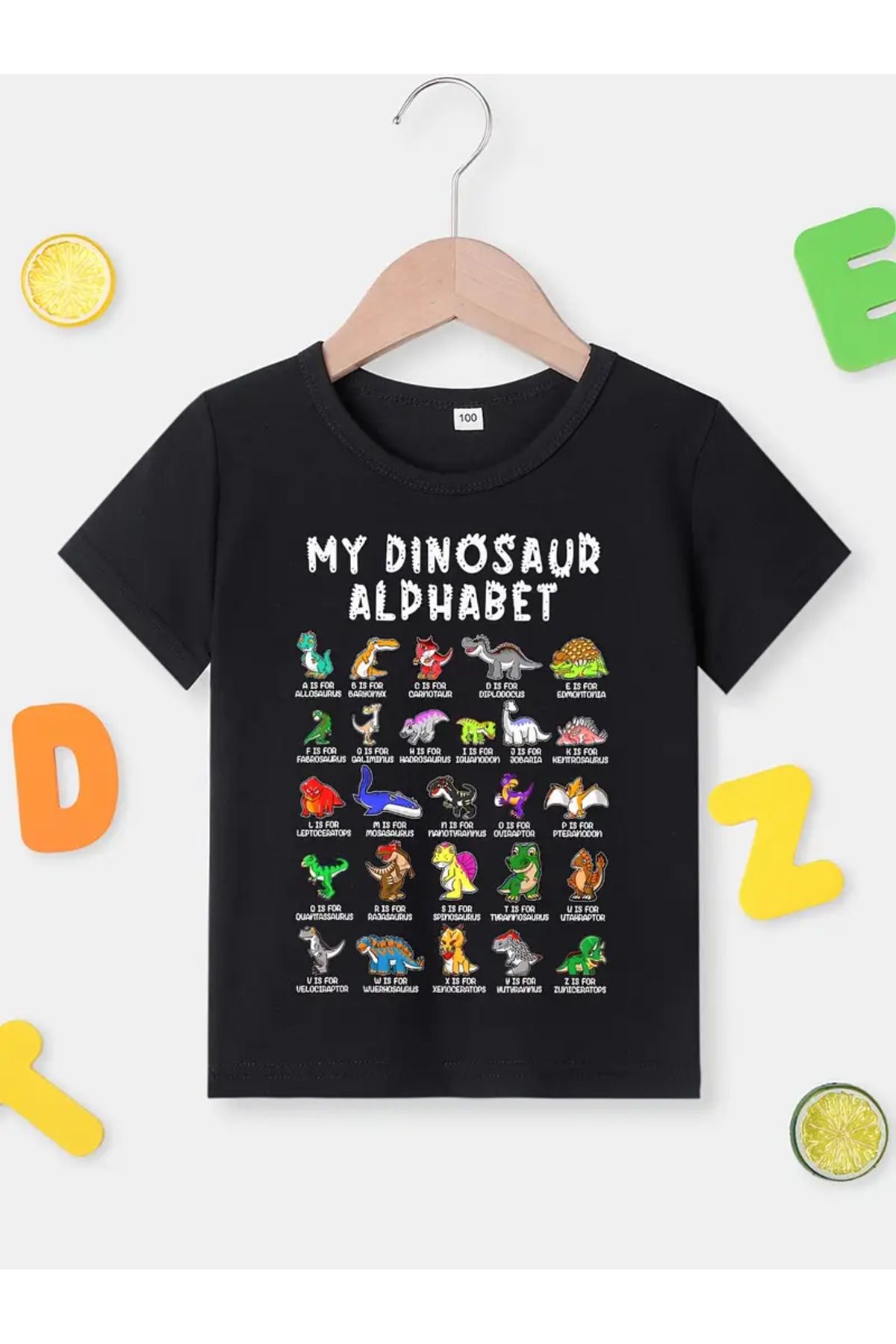 aynewmoda Dinozor Alfabem Baskılı unisex t-shirt