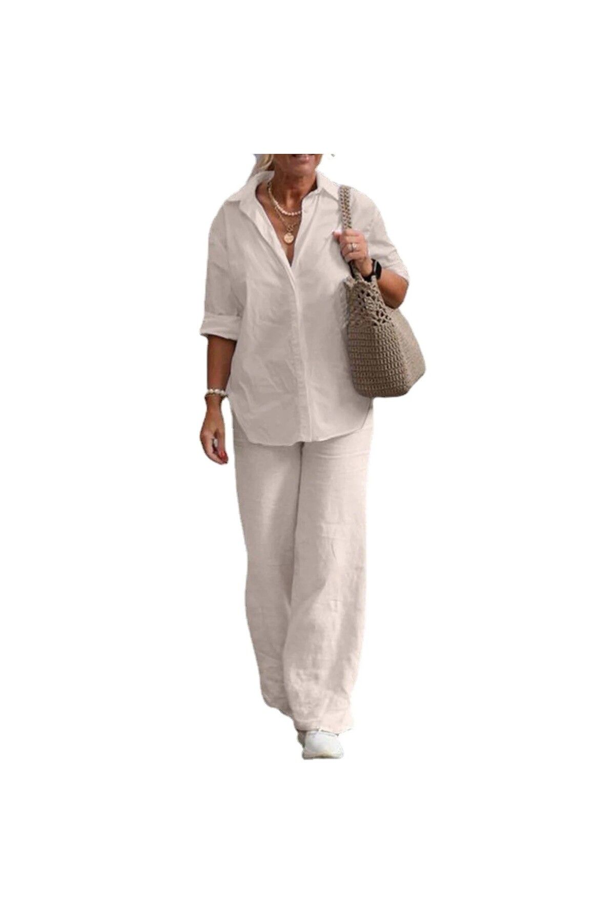 Toridas-Comfortable and Casual Linen Ecru Double Set Top and Bottom 3