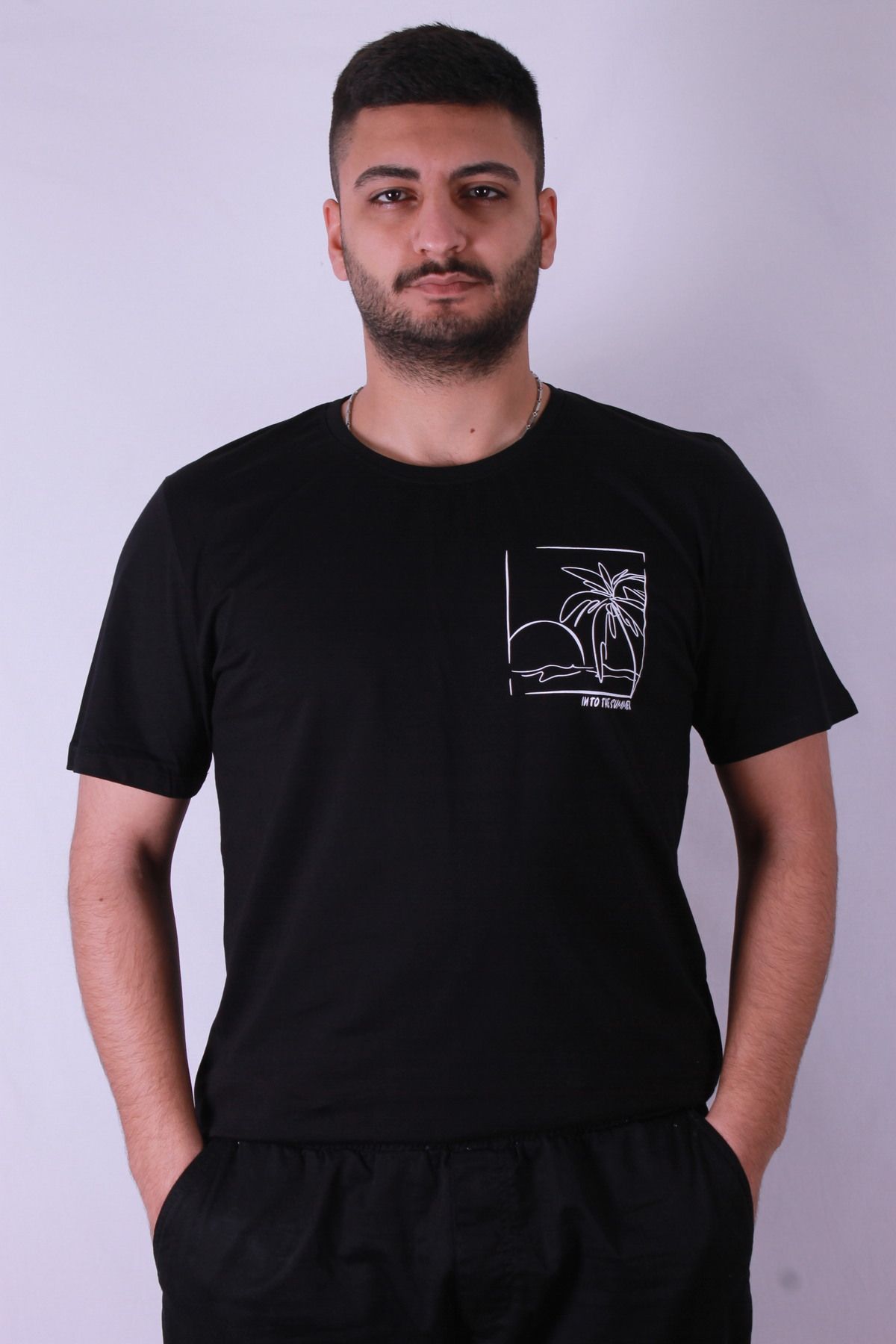 trender Çizgi Palmiye Baskılı Siyah Erkek T-Shirt Tr-03