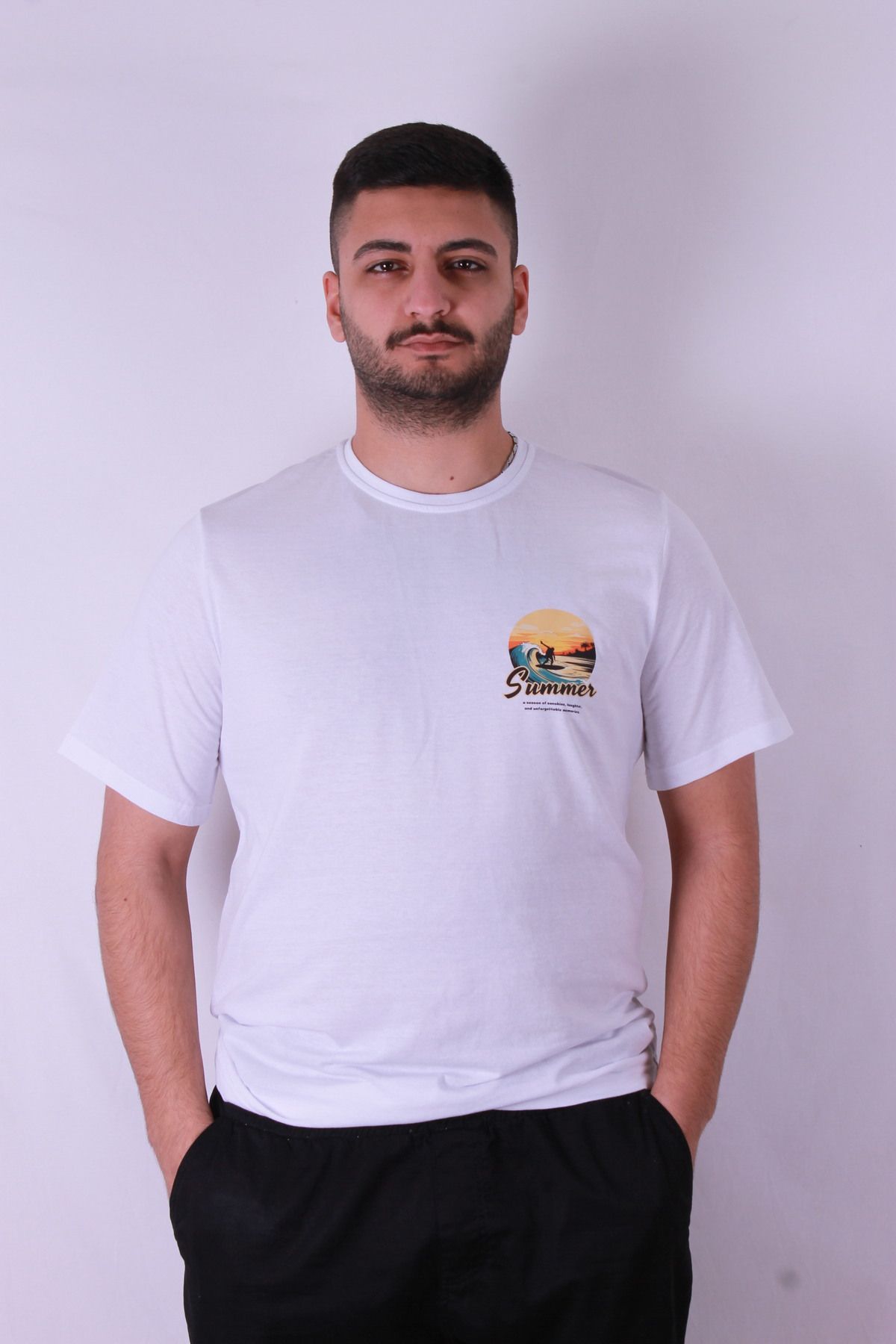 trender Summer Sörf Baskı Beyaz Erkek T-Shirt