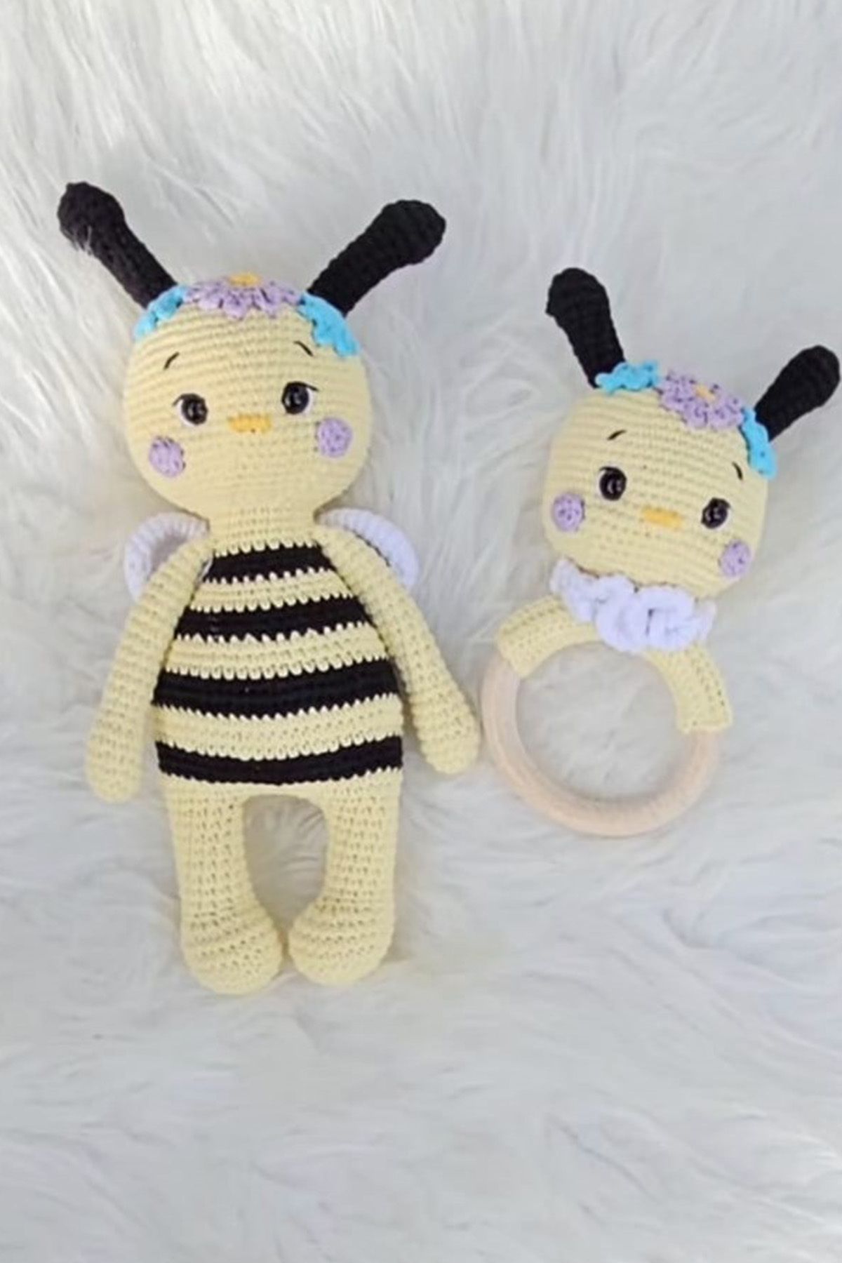 kelebeginruyasihobievi Amigurumi Yenidoğan, Uyku Arkadaşı, Arı ve Çıngırak 2'li set Oyuncak