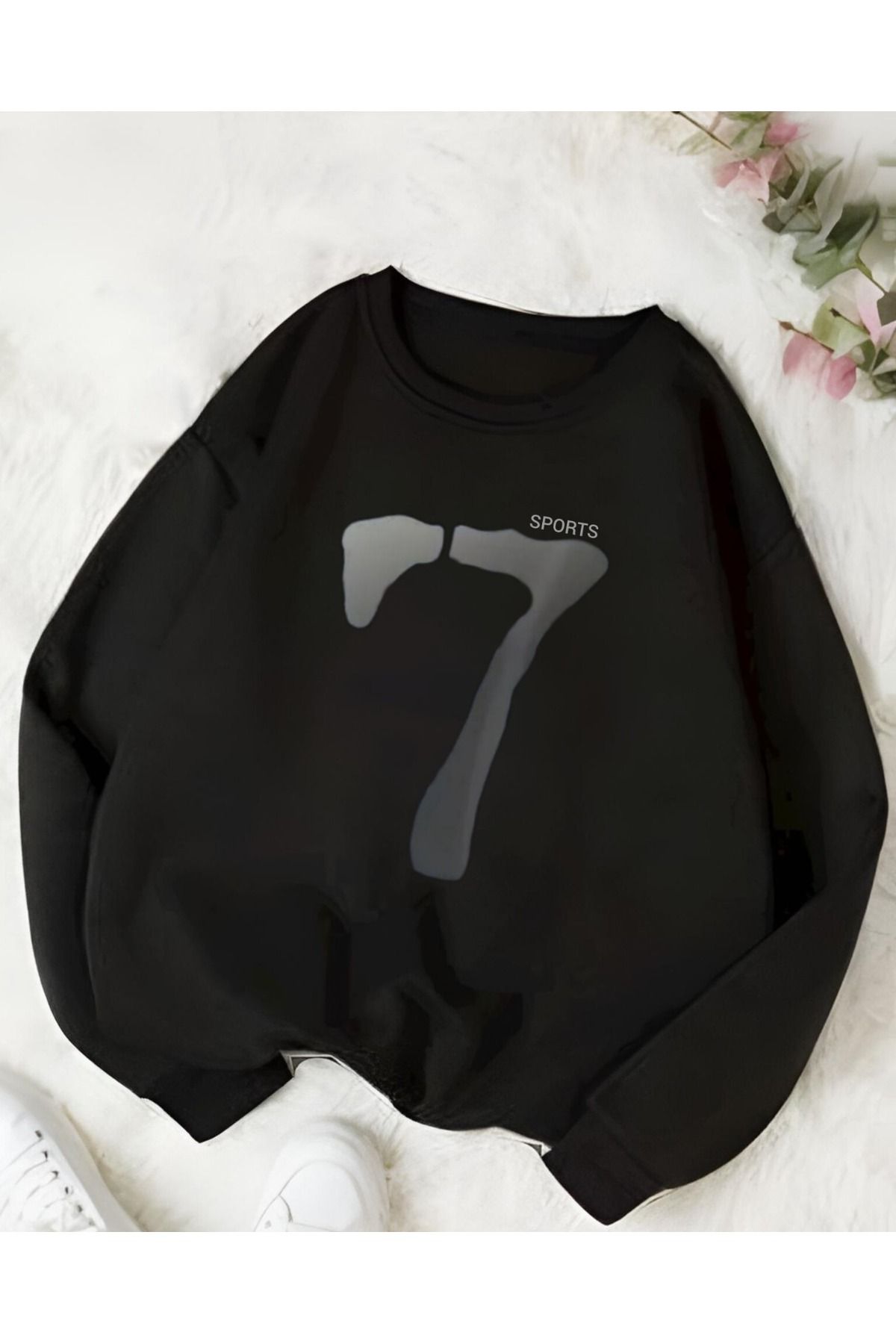 Elvino Büyük Beden Siyah Oversize Unisex 7 Baskılı Kapüşonlu Sweatshirt