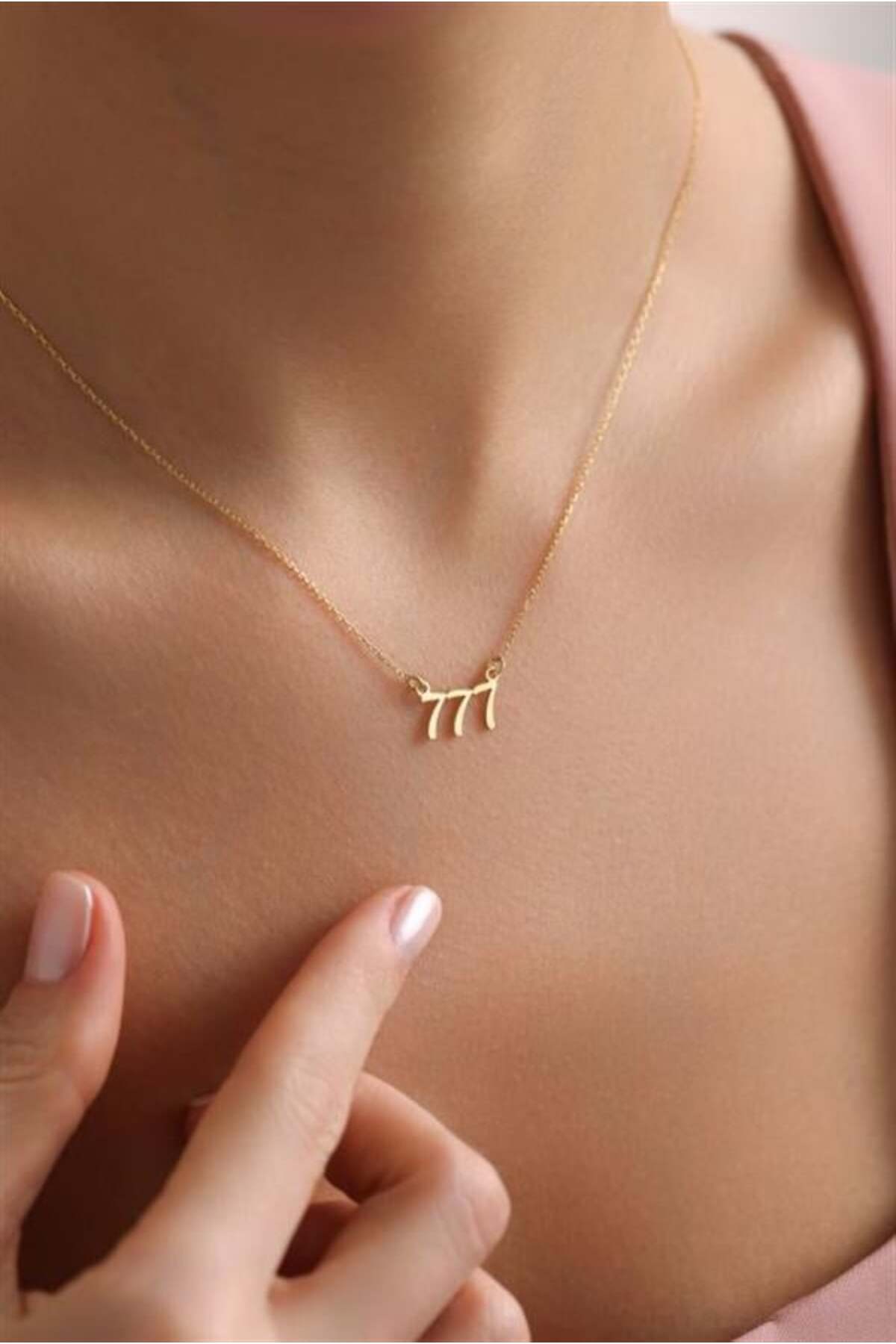 Nereze 925 Ayar Gümüş Gold Kaplama 777 Melek Numarası Kolye görsel 3