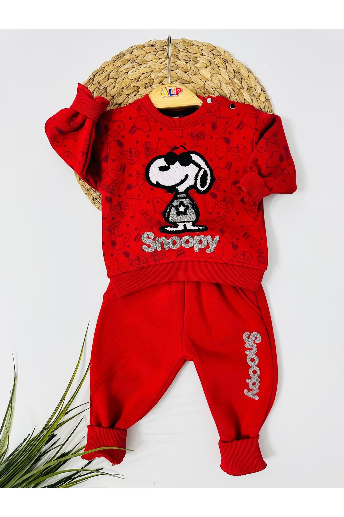 Alpbebe Snoopy 3ip Omuzdan Çıtçıtlı Kışlık  2li Takım - Kırmızı