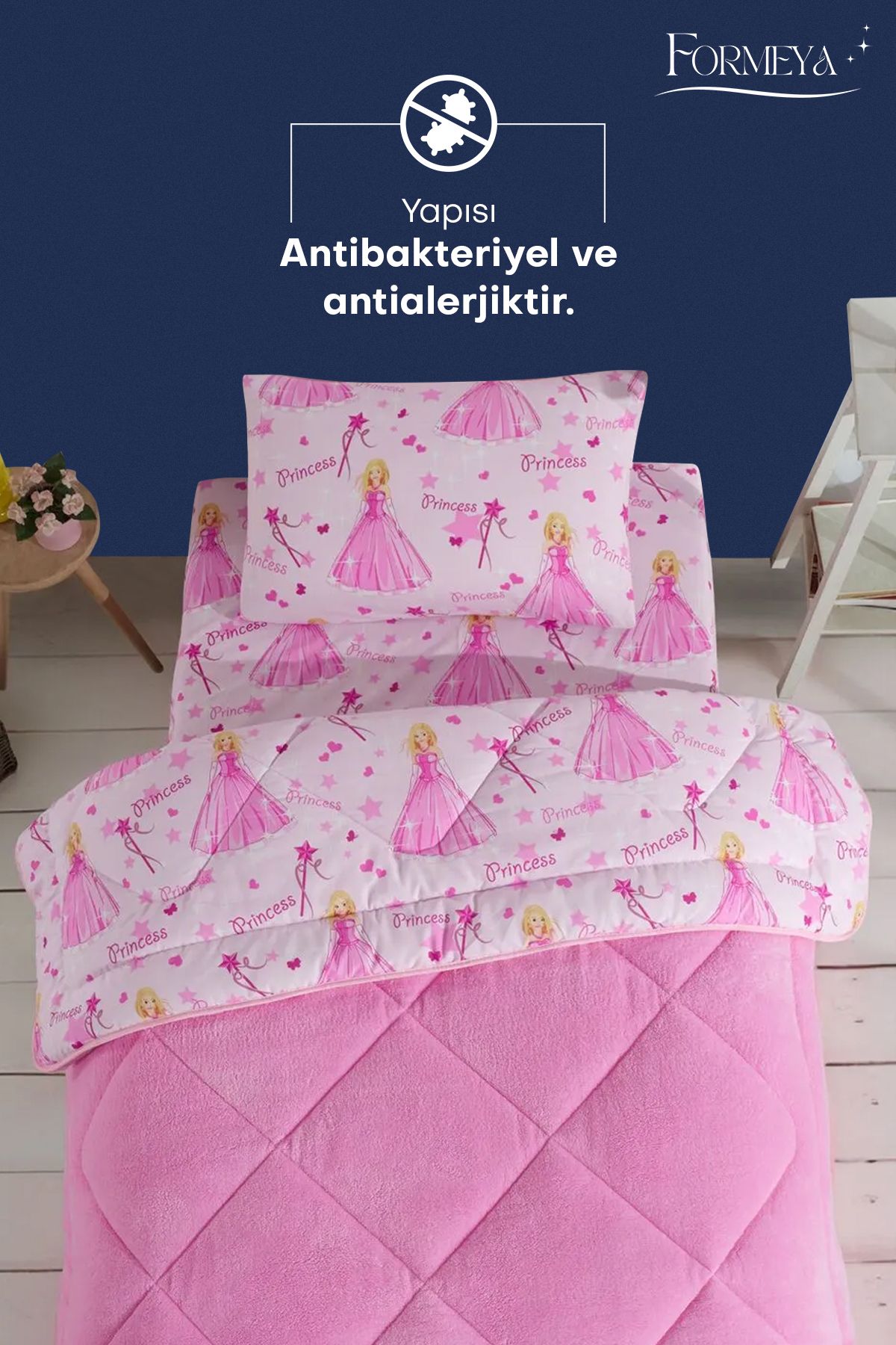 Formeya-Doppelseitiges Wellsoft-Schlafset mit Einzelbettlaken und Prinzessinnenmuster (Steppdecke + Bettlaken + Kissenbezug) 5