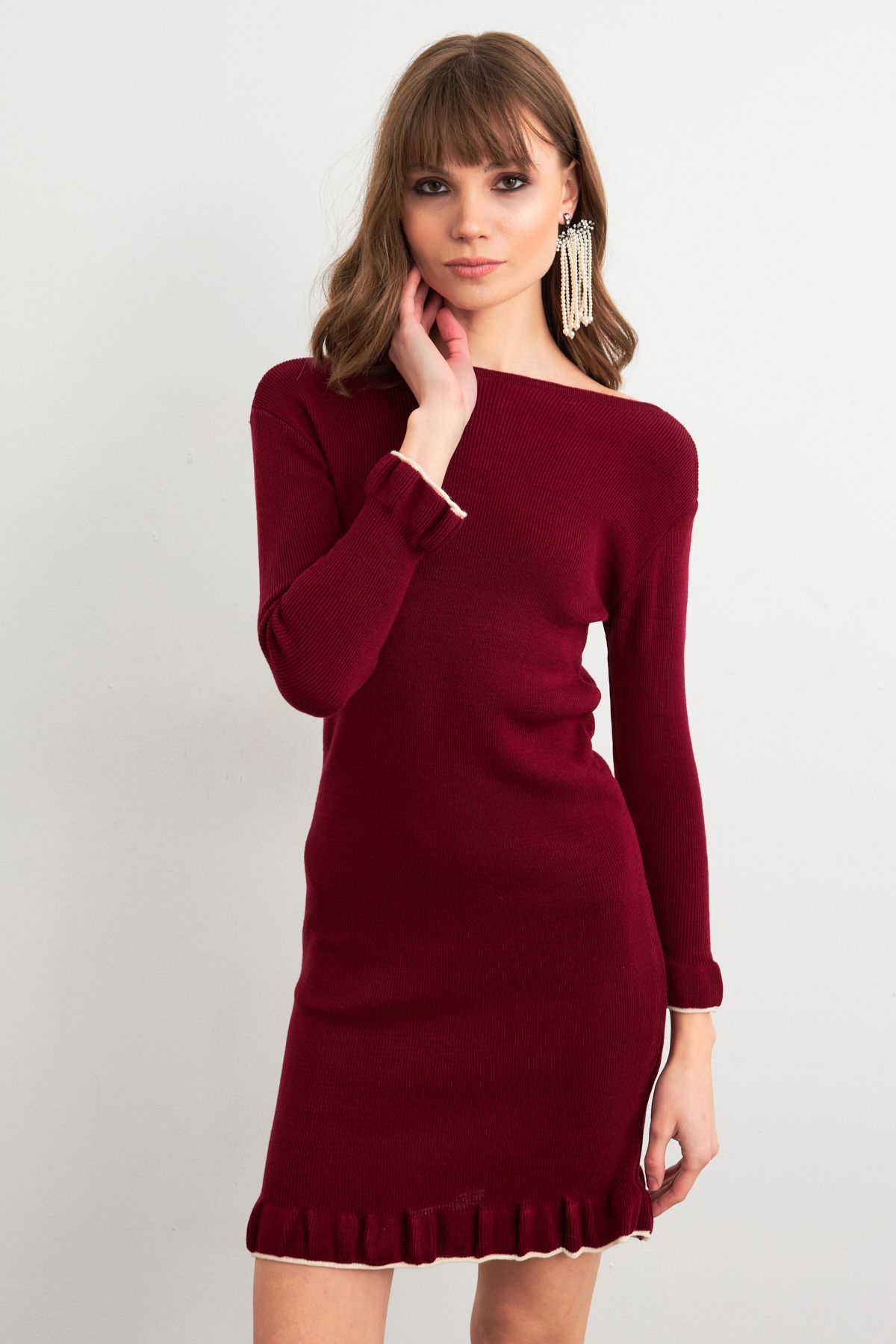 Kadın Bordo Fırfırlı Basic Triko Midi Elbise SF2559