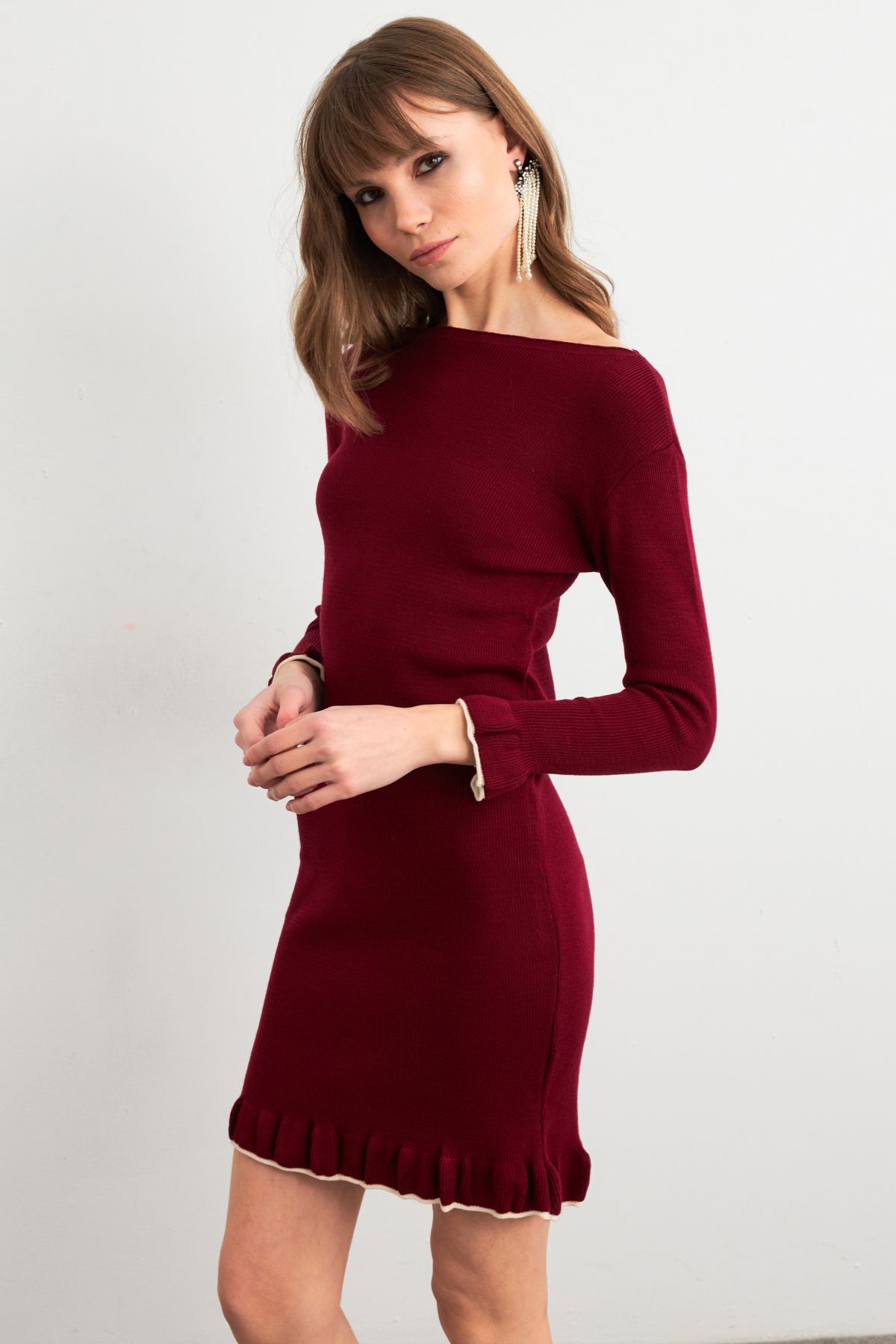 Kadın Bordo Fırfırlı Basic Triko Midi Elbise SF2559