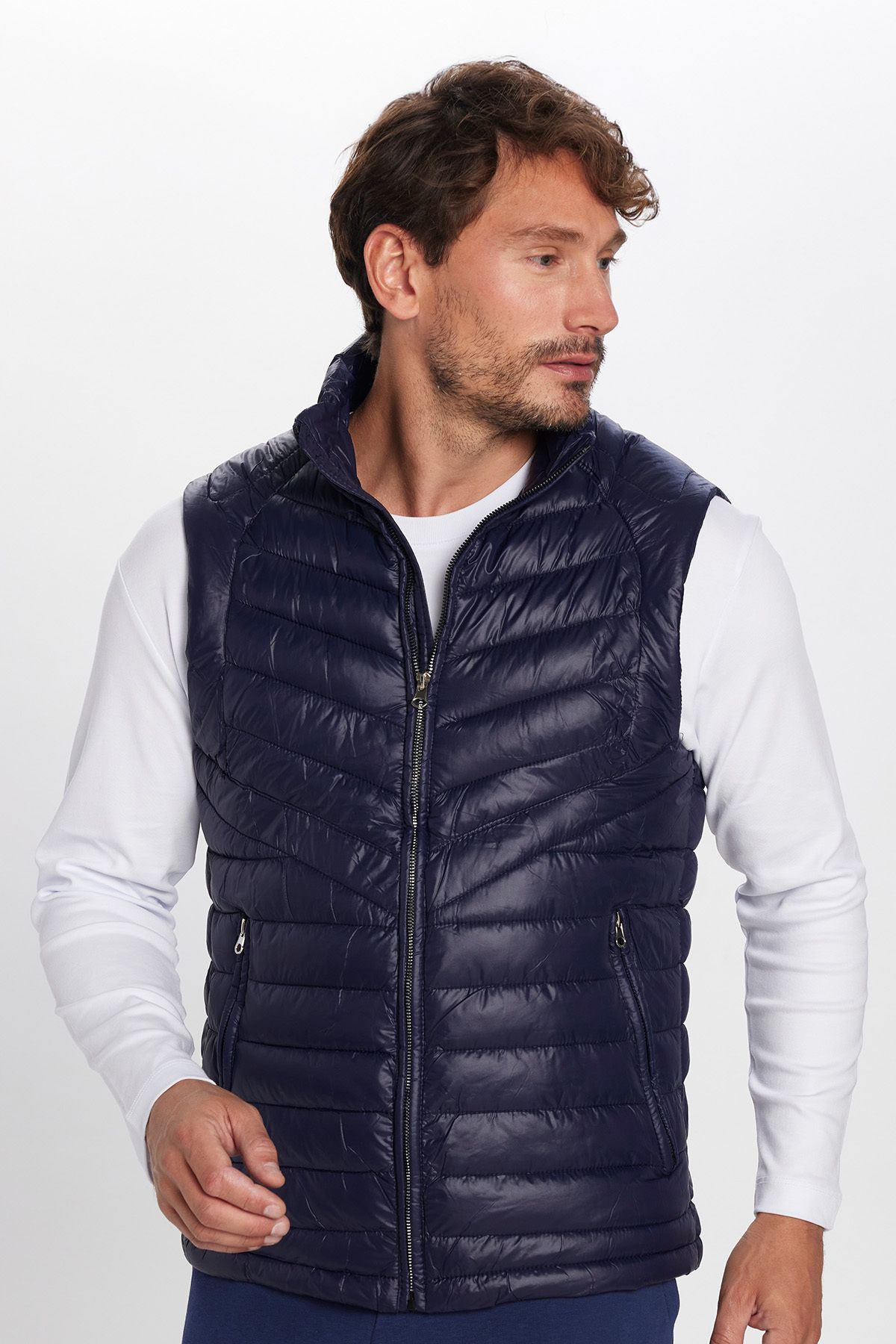 Tudors Vestă Puf Pentru Bărbați, Cu Guler În Picioare, Cu Fermoar, Albastru Bleumarin Masculin - L