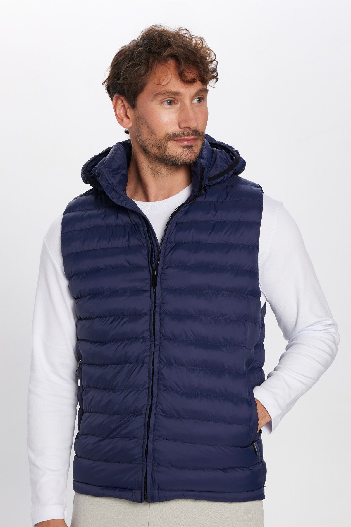 Tudors-Men's Slim Fit Slim Fit Lined Windproof Pocket Navy Blue Detachable Hood Puffer Vest 1