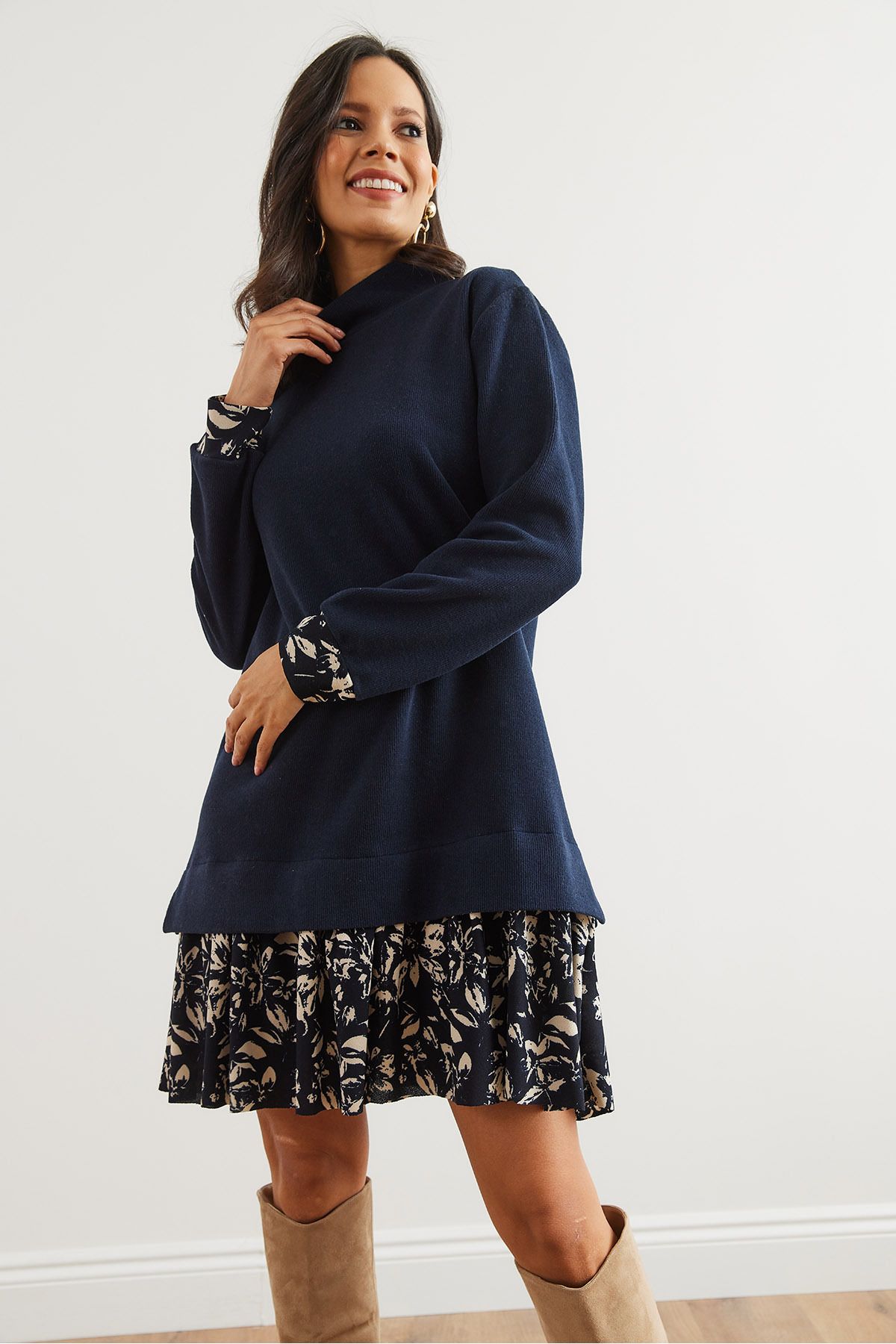 Olalook-Navy Blue Beige Floral Print Women's Thessaloniki Dress - Elb- 19000965 4