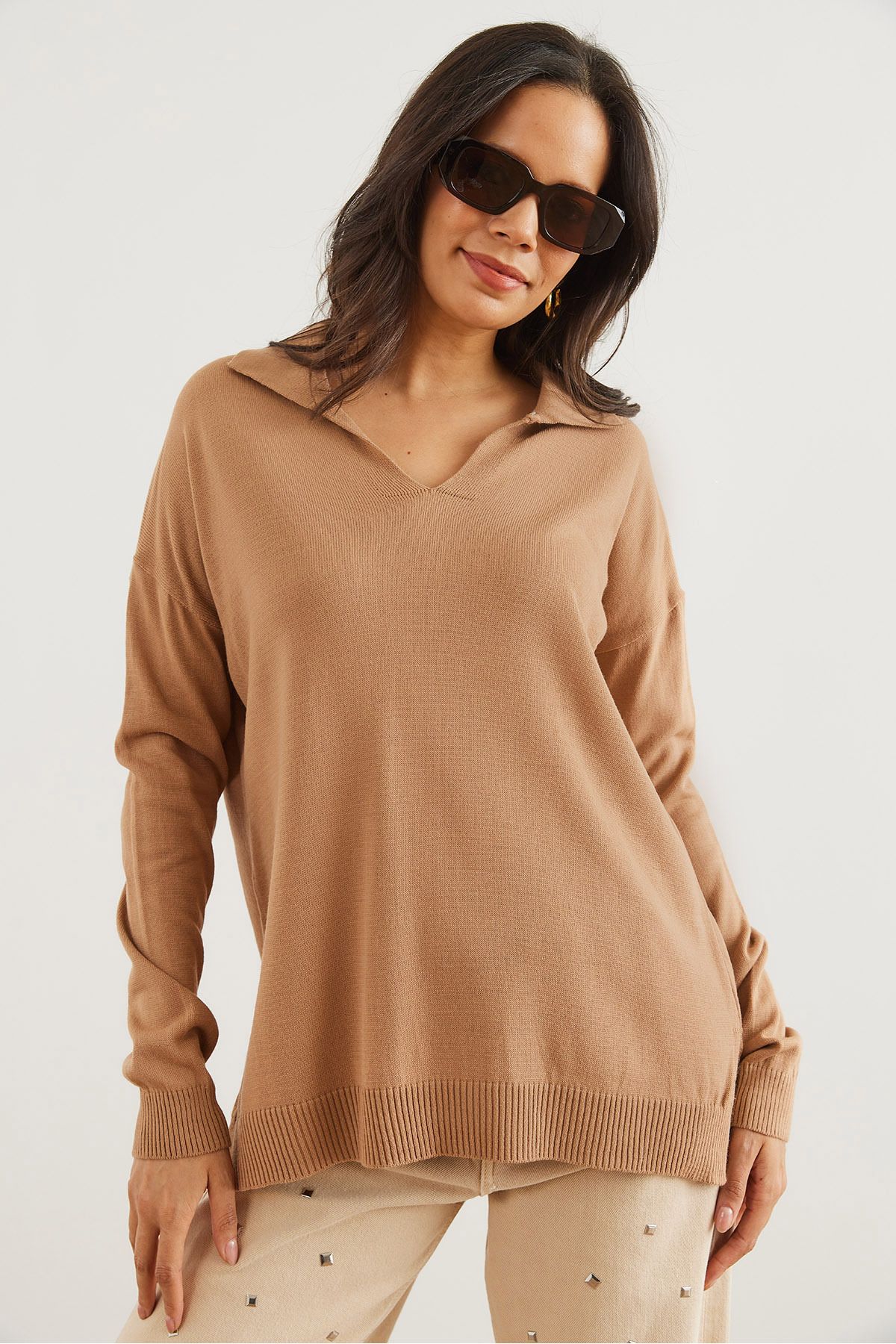 Olalook-Women's Camel Polo Neck Basic Knitwear Sweater Kzk- 19000871 4