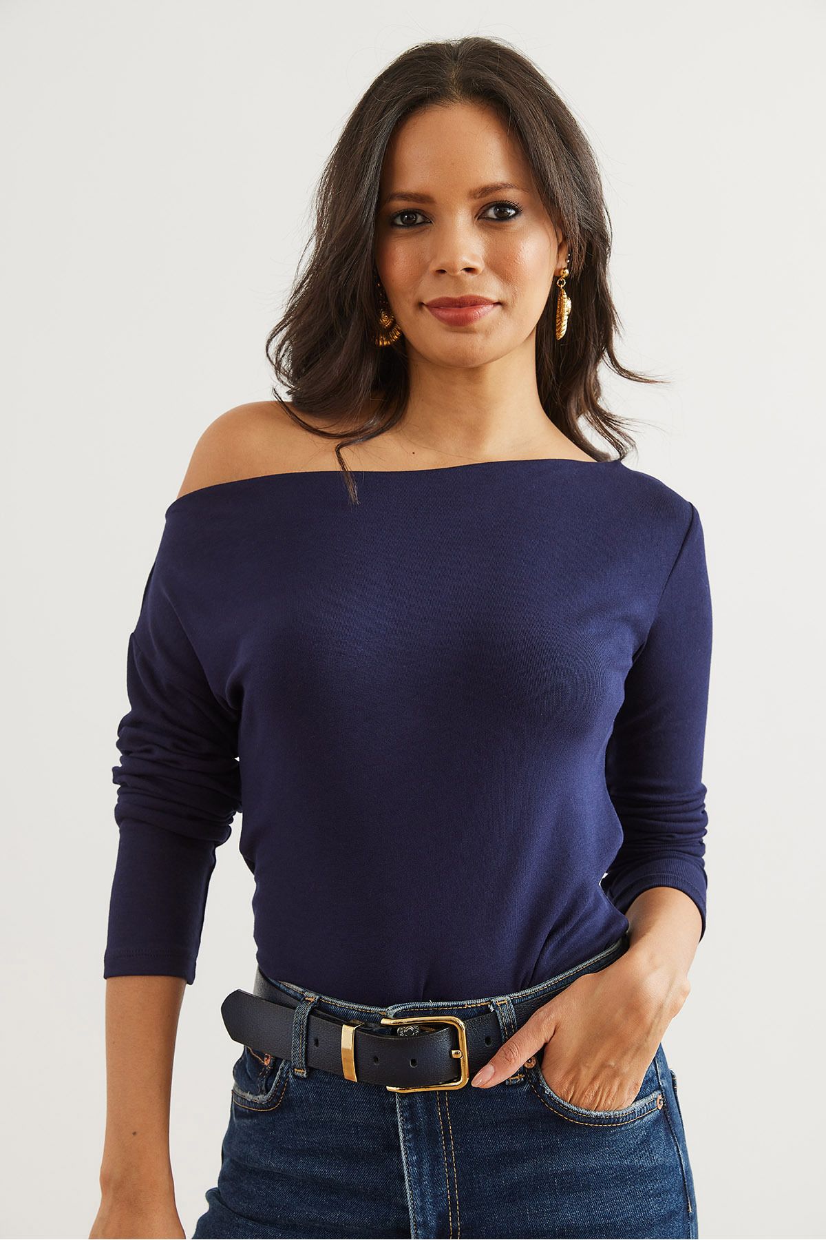 Olalook-Εύκαμπτη μπλούζα Premium Soft Touch Navy Blue - Boat Neck BLZ- 19002448 3