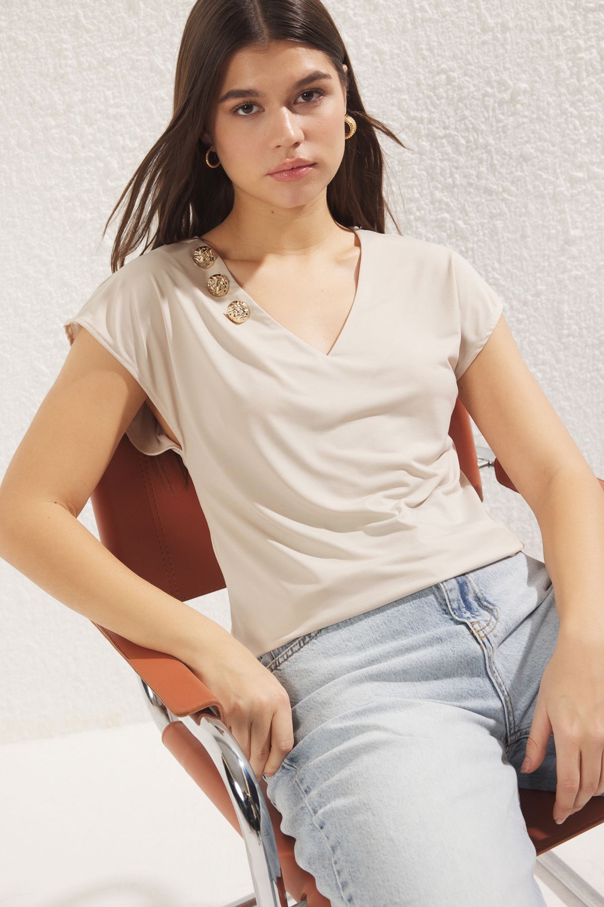Trendyol Collection Bluză Tricotată Cu Decolteu În V Cu Nasturi De Piatră - Femeie - XS