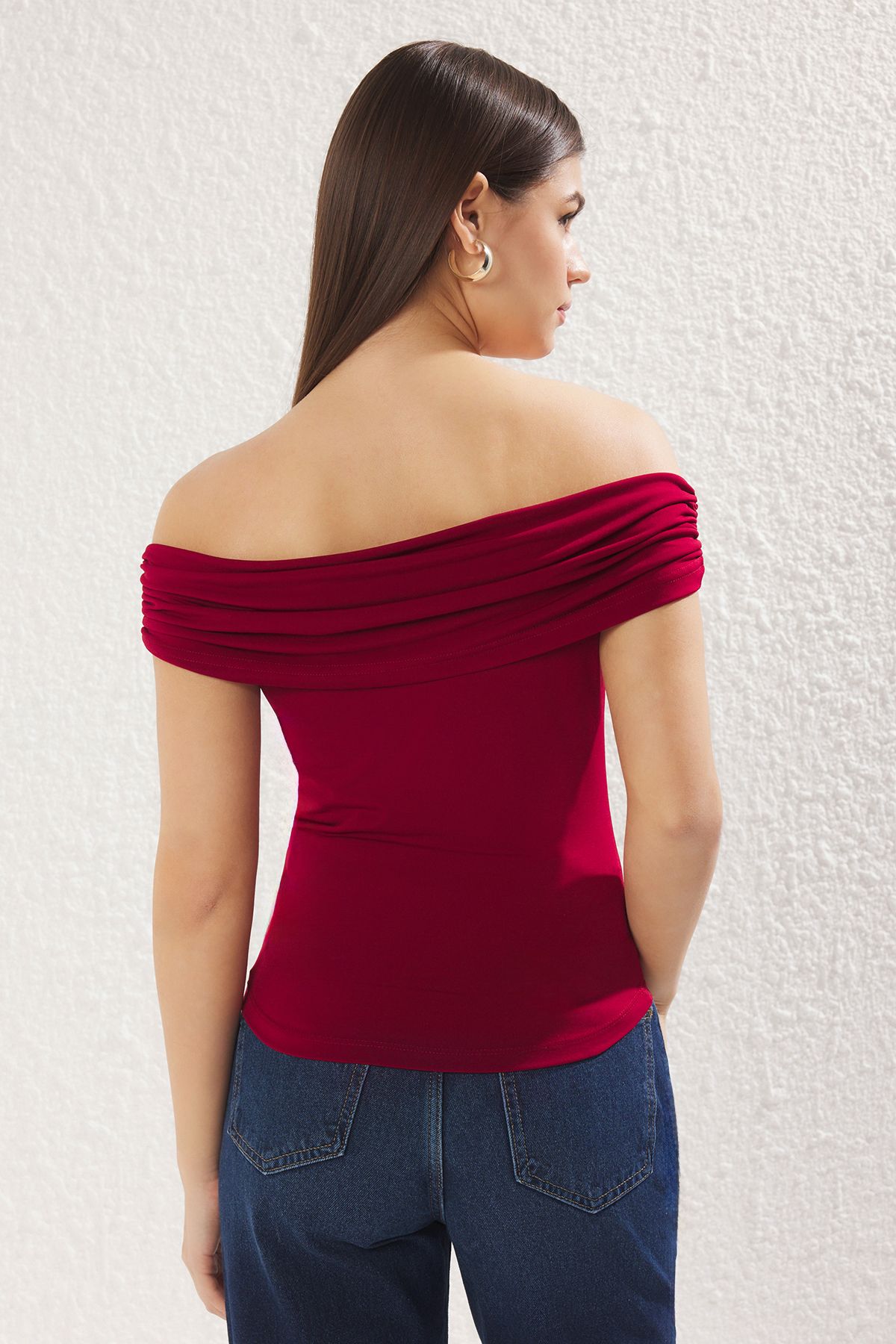 Trendyol Collection-Burgundy Carmen Collar Accessory Detailed Body-Fitting Stretchy Knitted Blouse Twoss25Bz00034 5