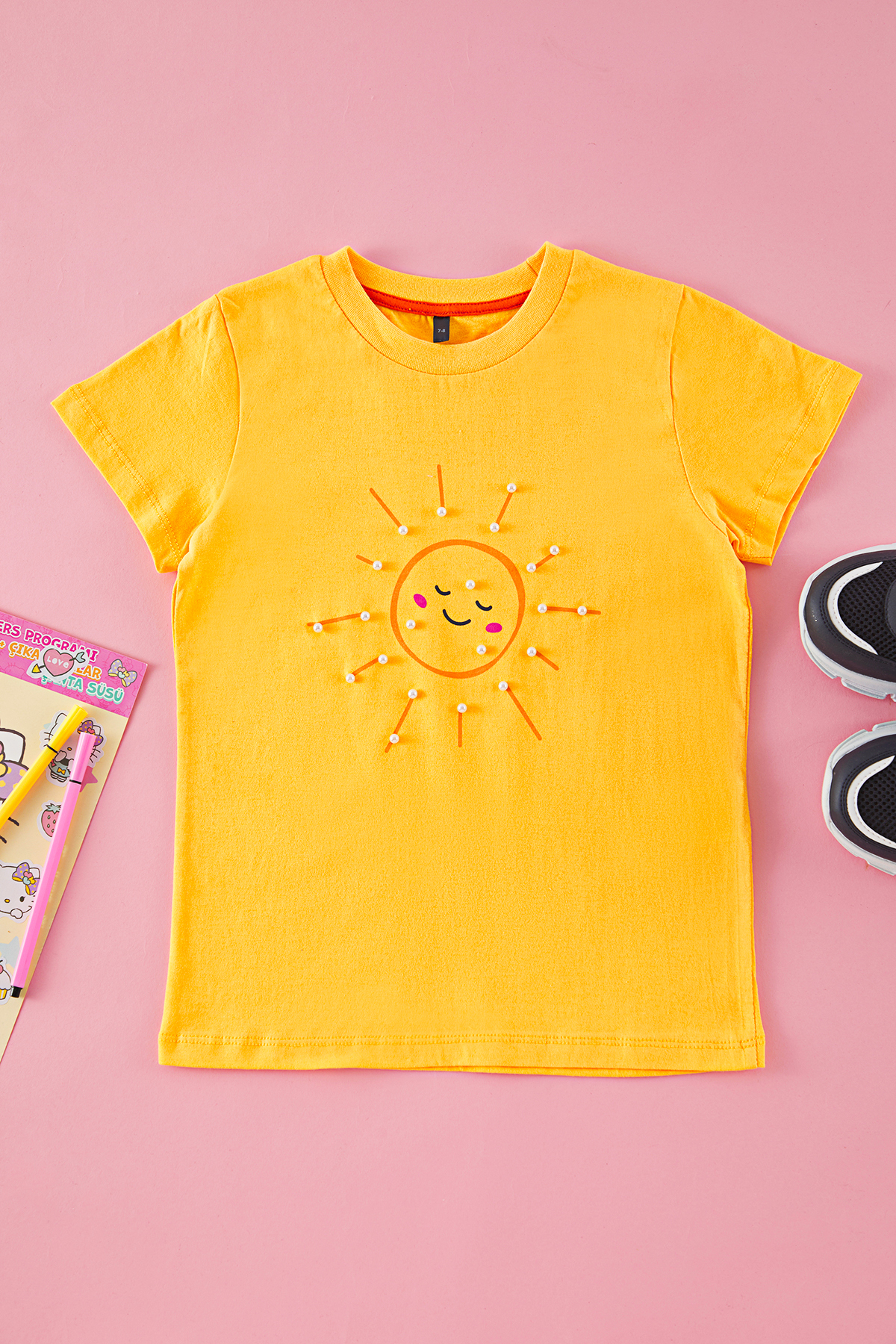 Trendyolmilla Kids Sarı Kız Çocuk %100 Pamuk Güneş Baskılı Regular/Normal Kalıp Kısa Kol Örme T-Shirt TKDSS25TS00045