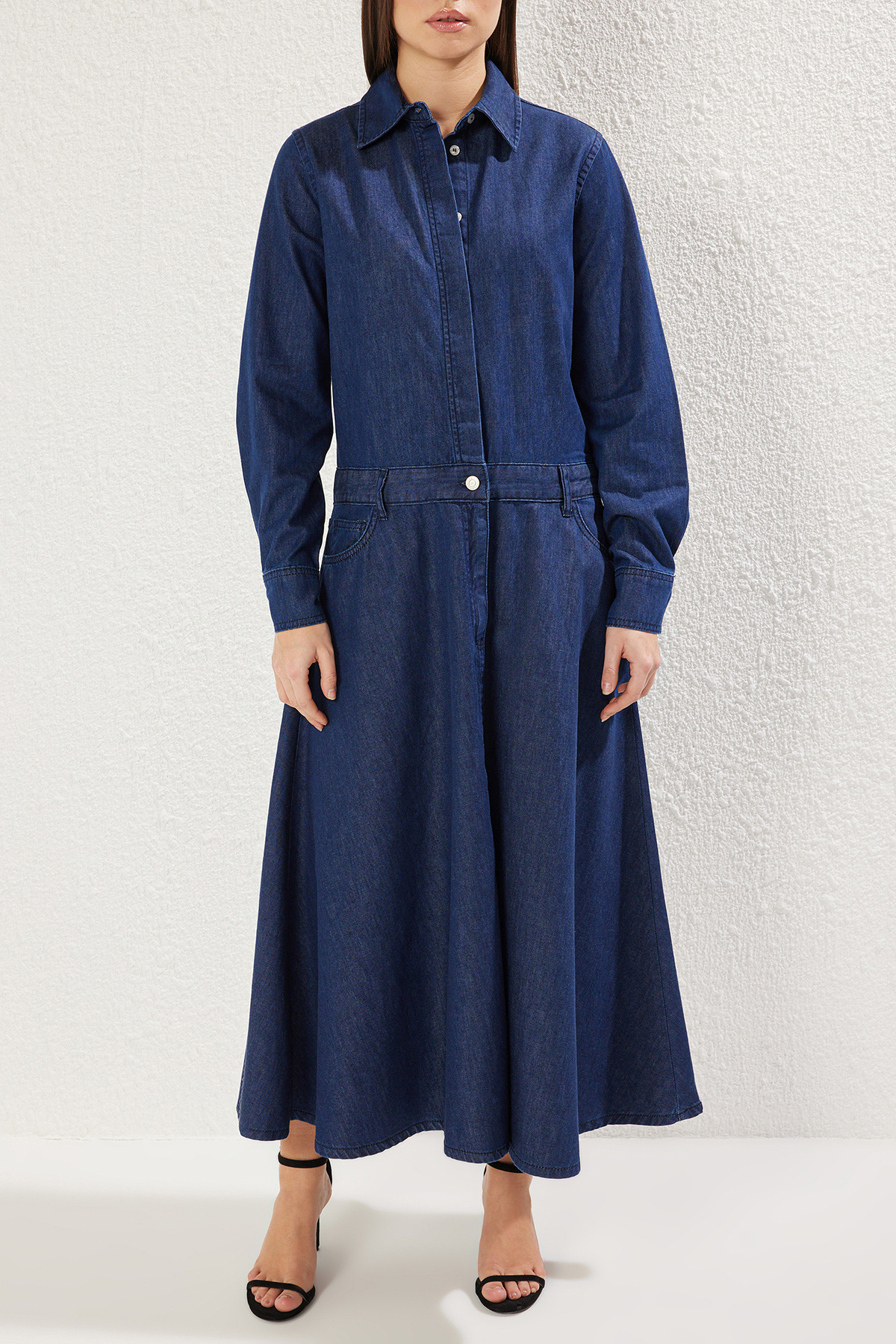 Trendyol Collection-Tmavě modrá sukně Flounces Maxi džínové košilové šaty TWOSS25EL00351 3