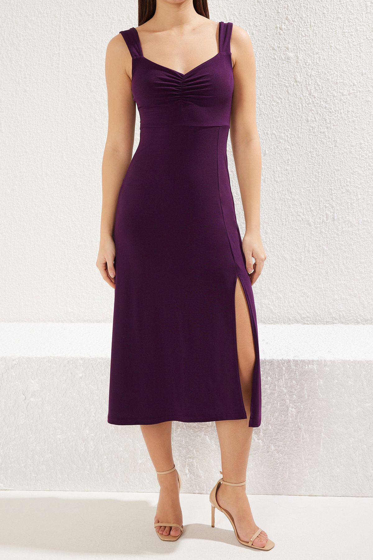 Trendyol Collection-Plum A-Line Drawstring/Drape Detail Slit Midi Stretchy Knitted Dress Twoss24El00412 3