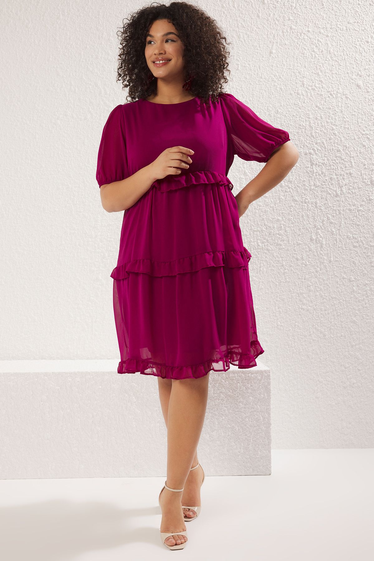 Trendyol Curve-Detailní tkané šaty Plum Tulle Tbbss23Ah00056 2