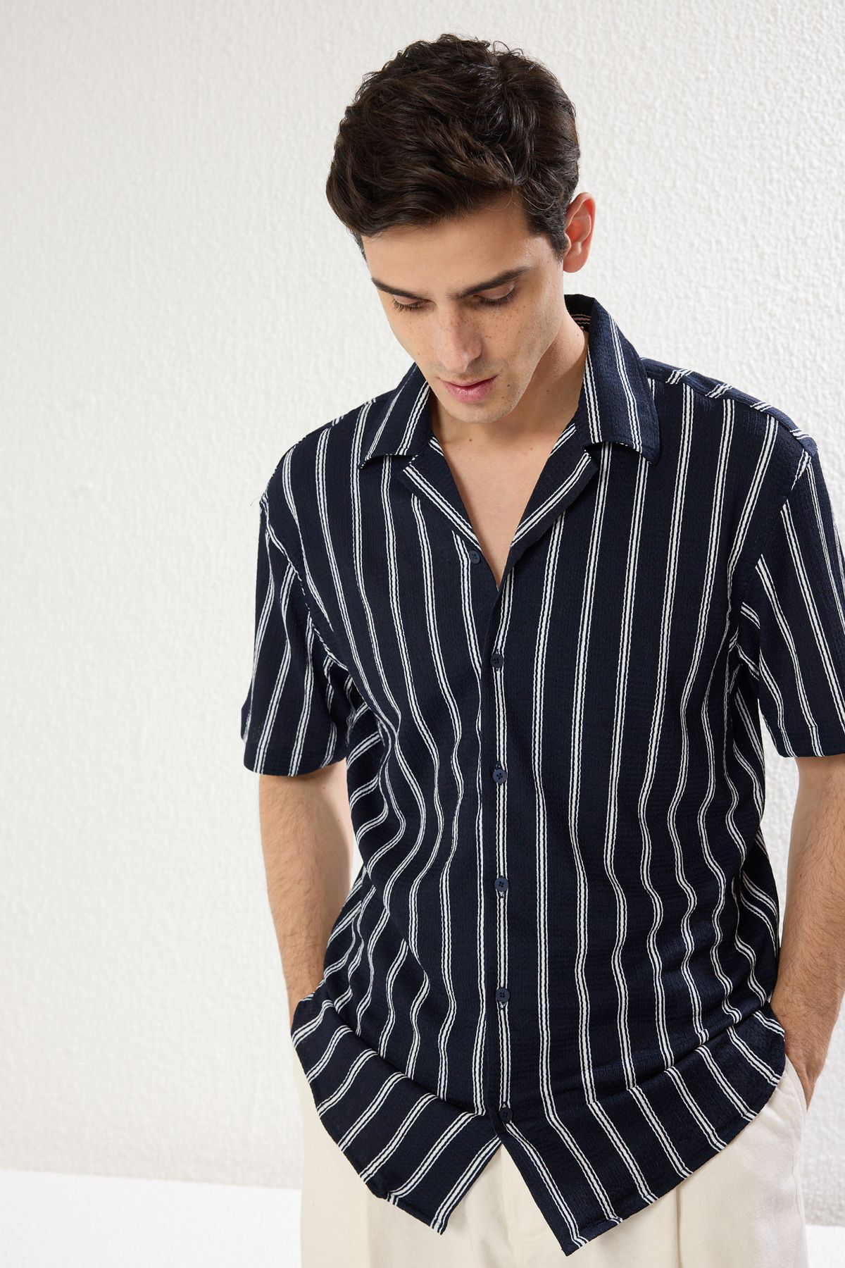 Trendyol Collection-Navy Blue Wrapped Stripe Summer Shirt - Regular Fit, Short Sleeve Tmnss25Go00014 2