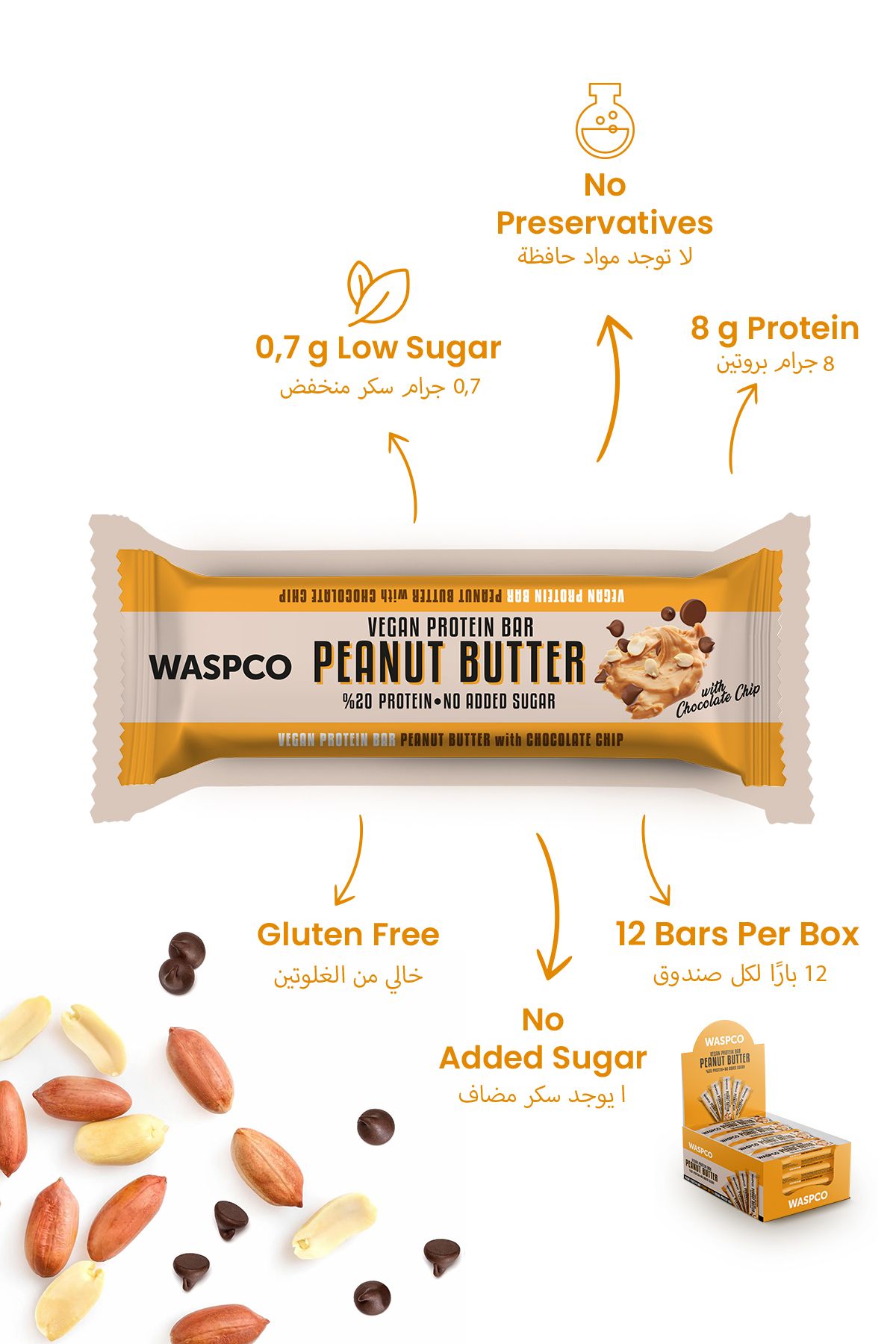 Waspco Fıstık Ezmeli Çikolata Parçalı Vegan Protein Bar 40g X 12 Adet-3