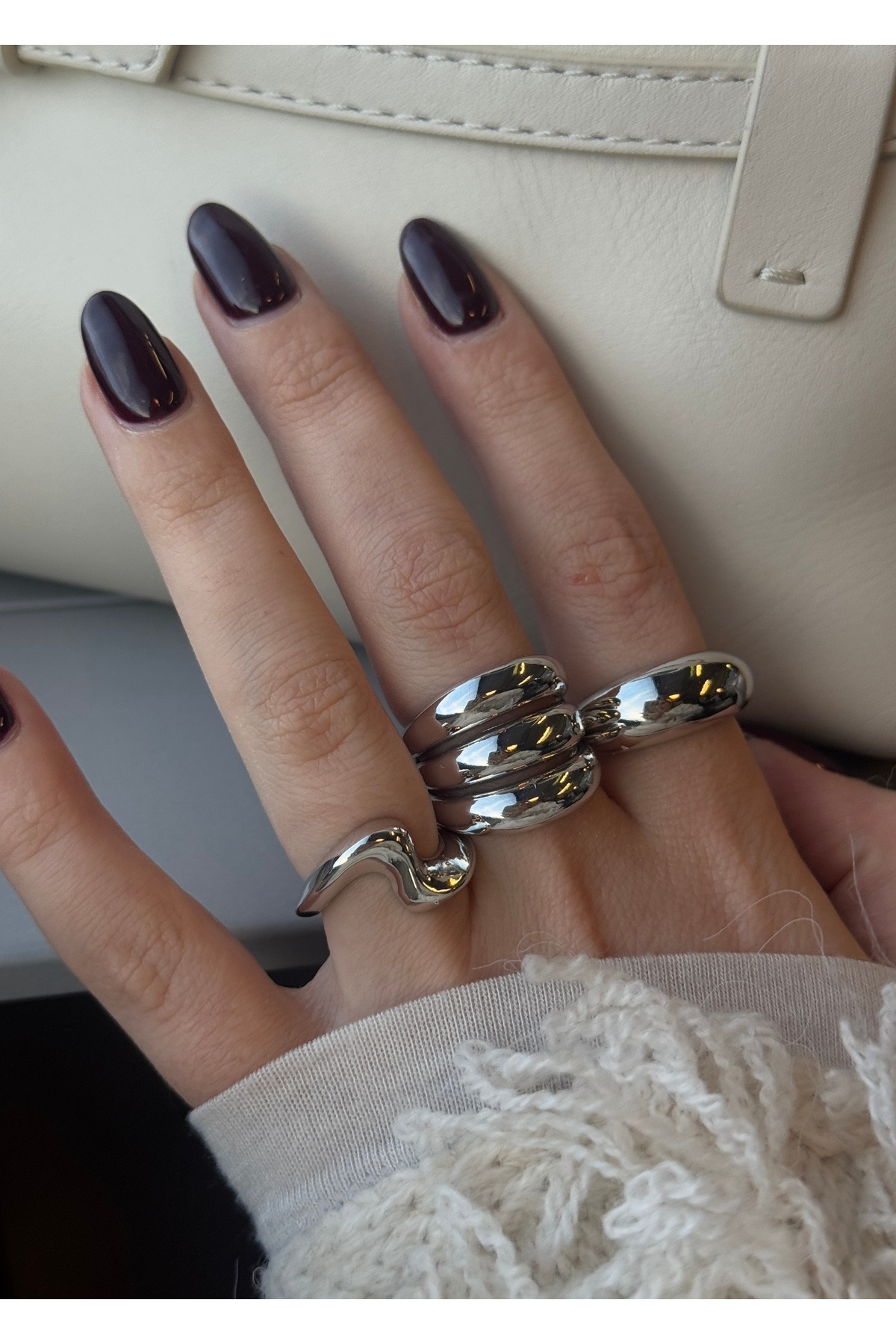 KİLİGİSTANBUL-Silver Color Finn 3-Piece Large Ring 5