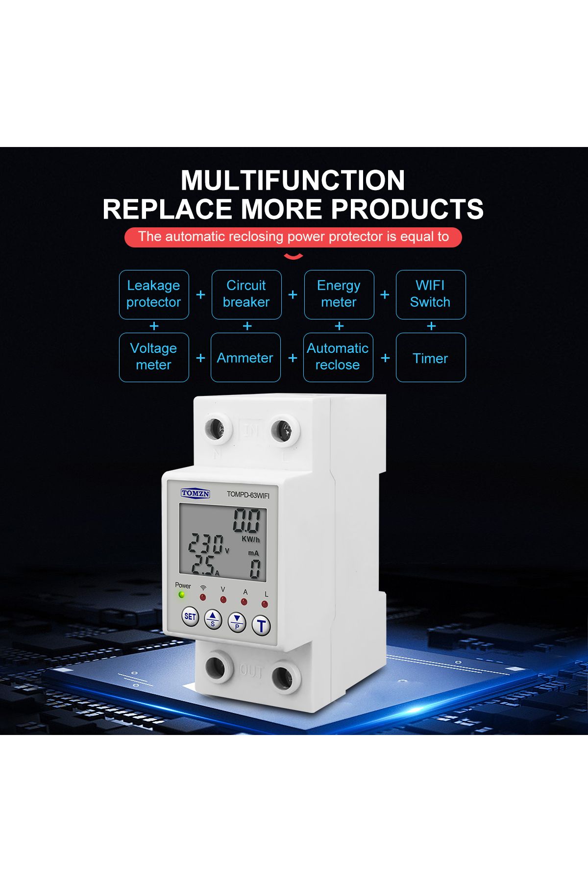 TOMZN-1-63a Reclosable Smartlife Tuya Wifi Circuit Breaker 63a 110v 220v Energy Meter Metering Timer With 5