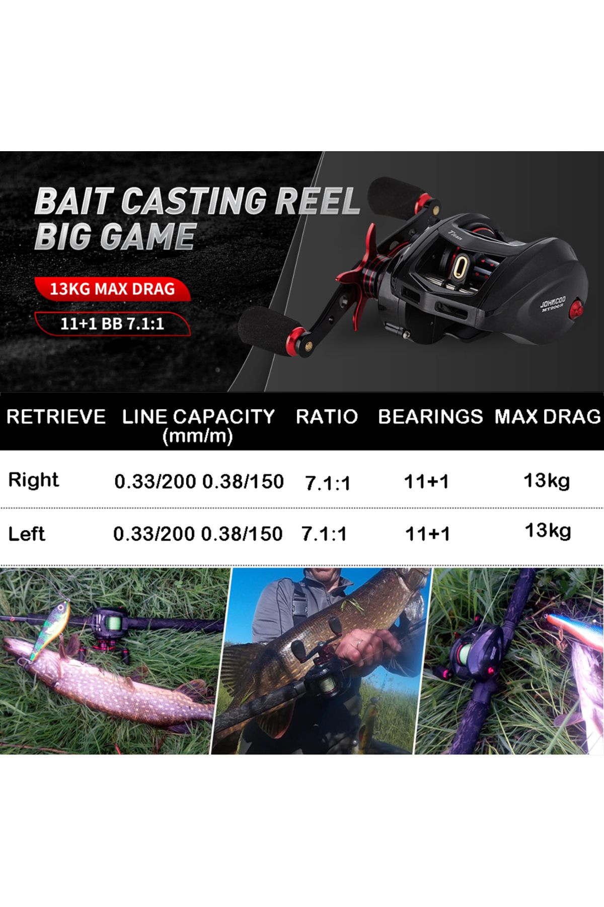 JOHNCOO-Left Hand Retrieve Fishing Reel Mt200 Bait Casting Reel Big Game 13kg Max Drag Jigging Fishi 6